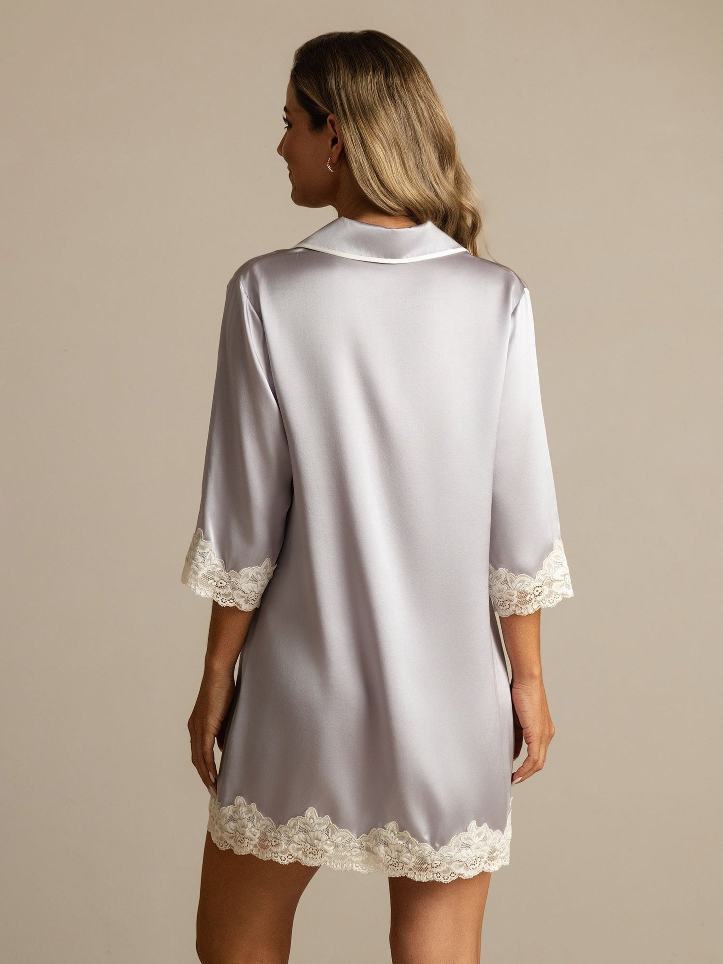 Pure Silk Button Up Nightshirt with Lace Design
