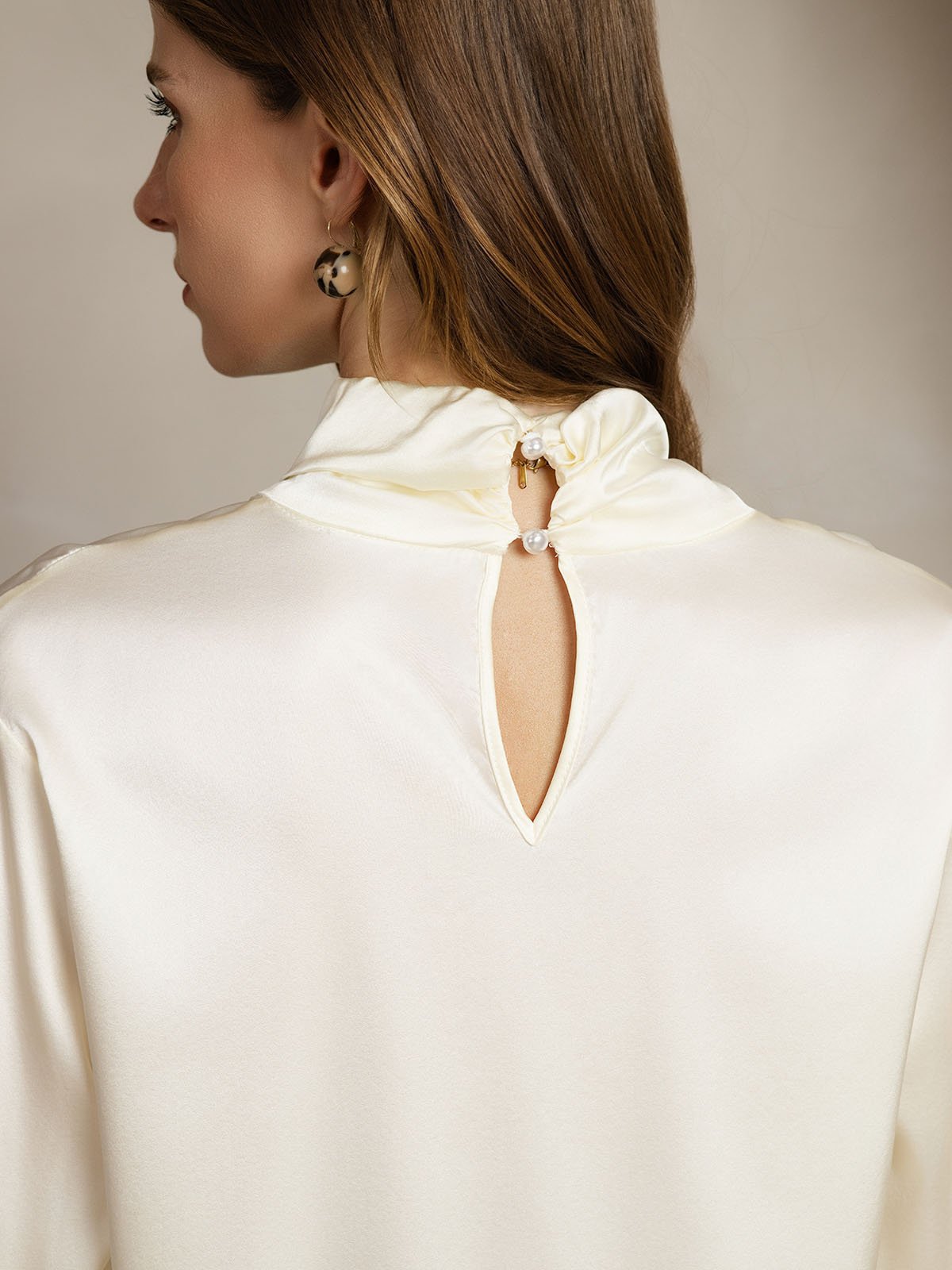 19Momme Silk Keyhole Neck Blouse with Pearl Buttons