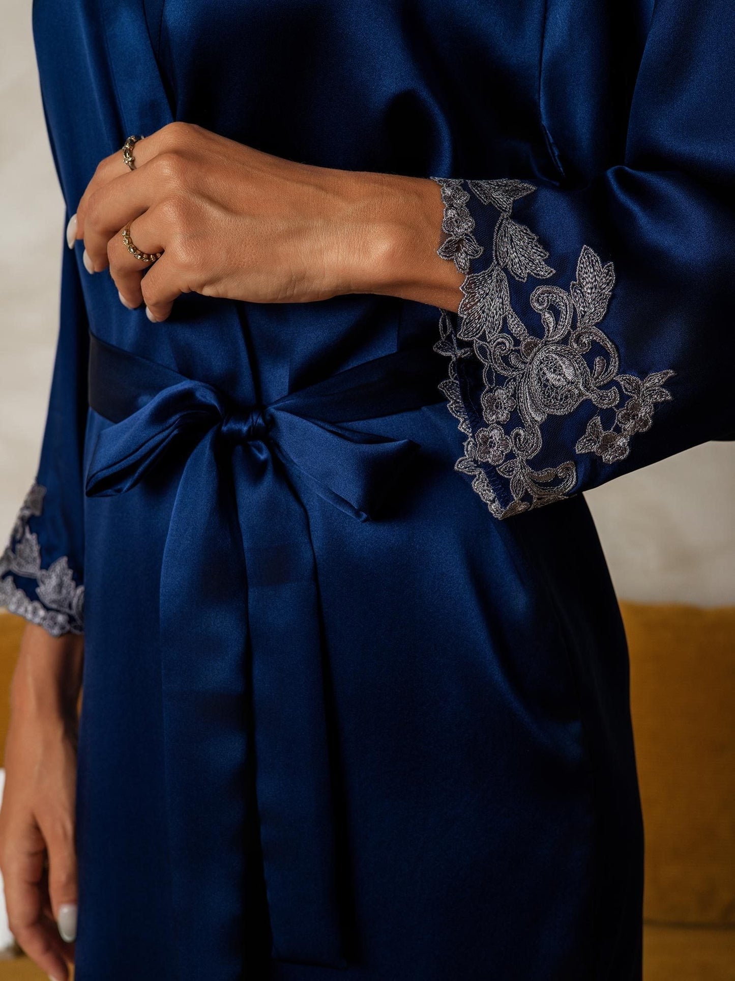 Silk Lace Cuffs Dressing Gown Wrap Kimono Belted with 3/4 Sleeves