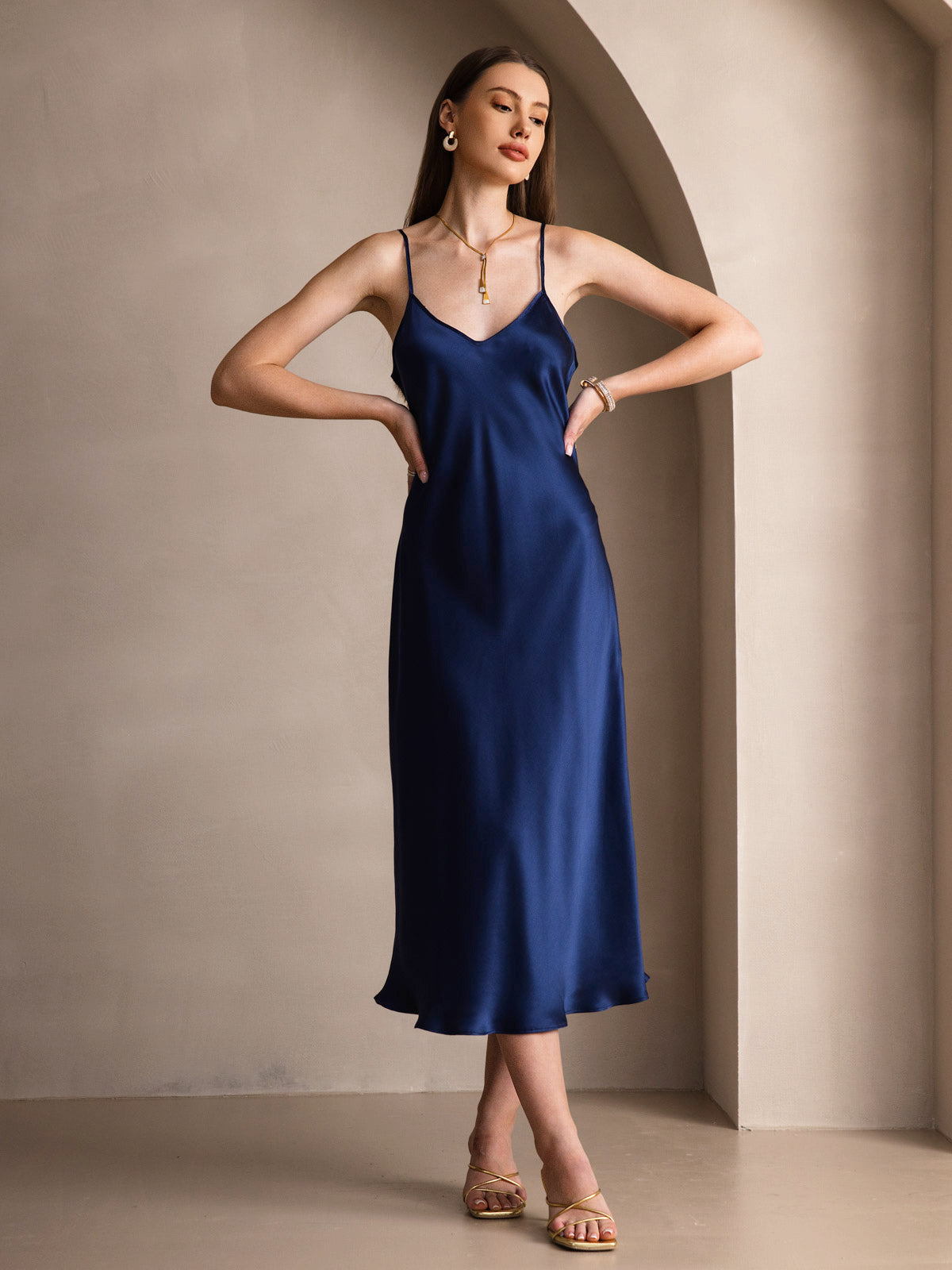 Pure Silk Spaghetti Strap V Neck Midi Dress