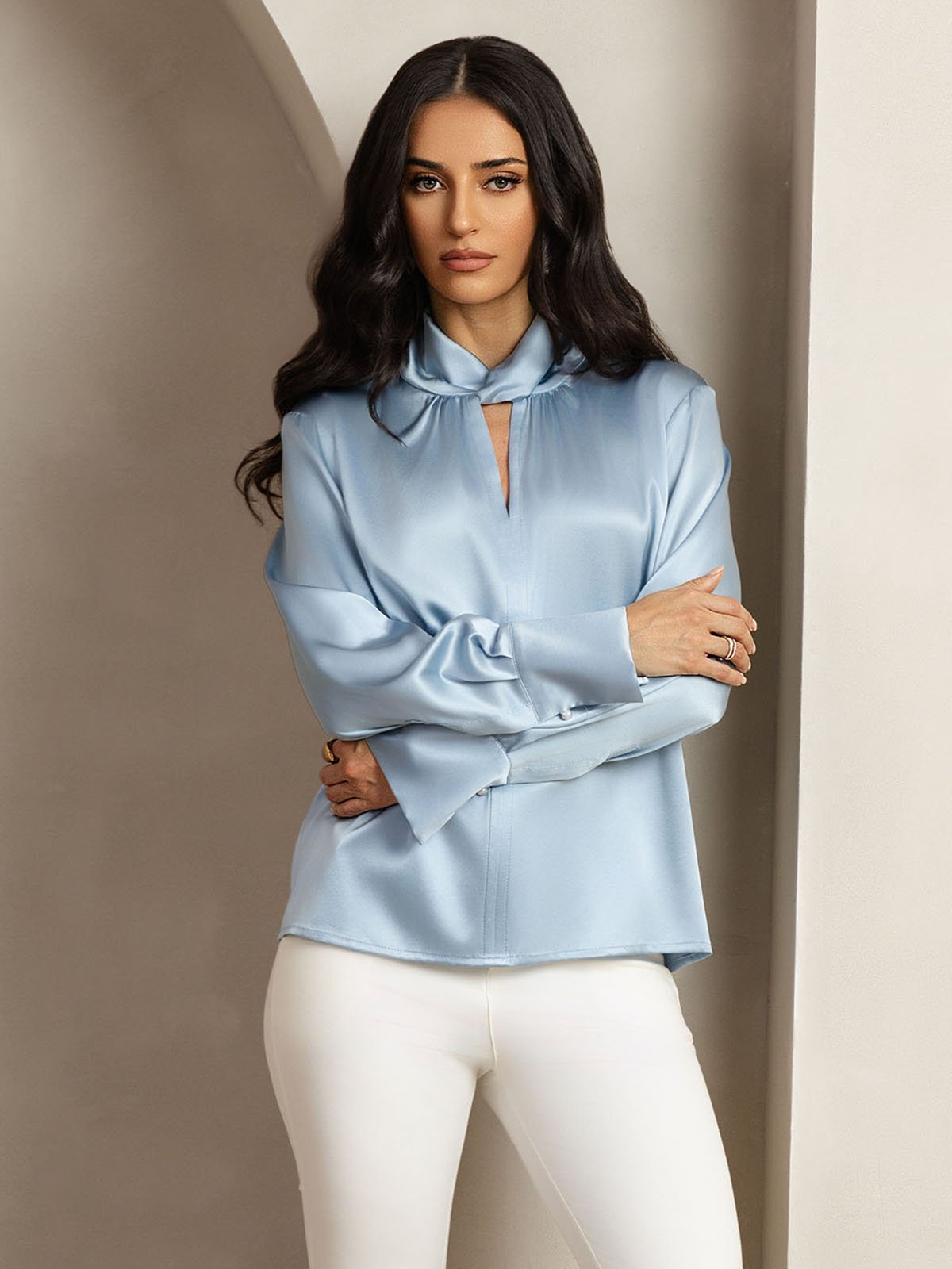 19Momme Silk Keyhole Neck Blouse with Pearl Buttons