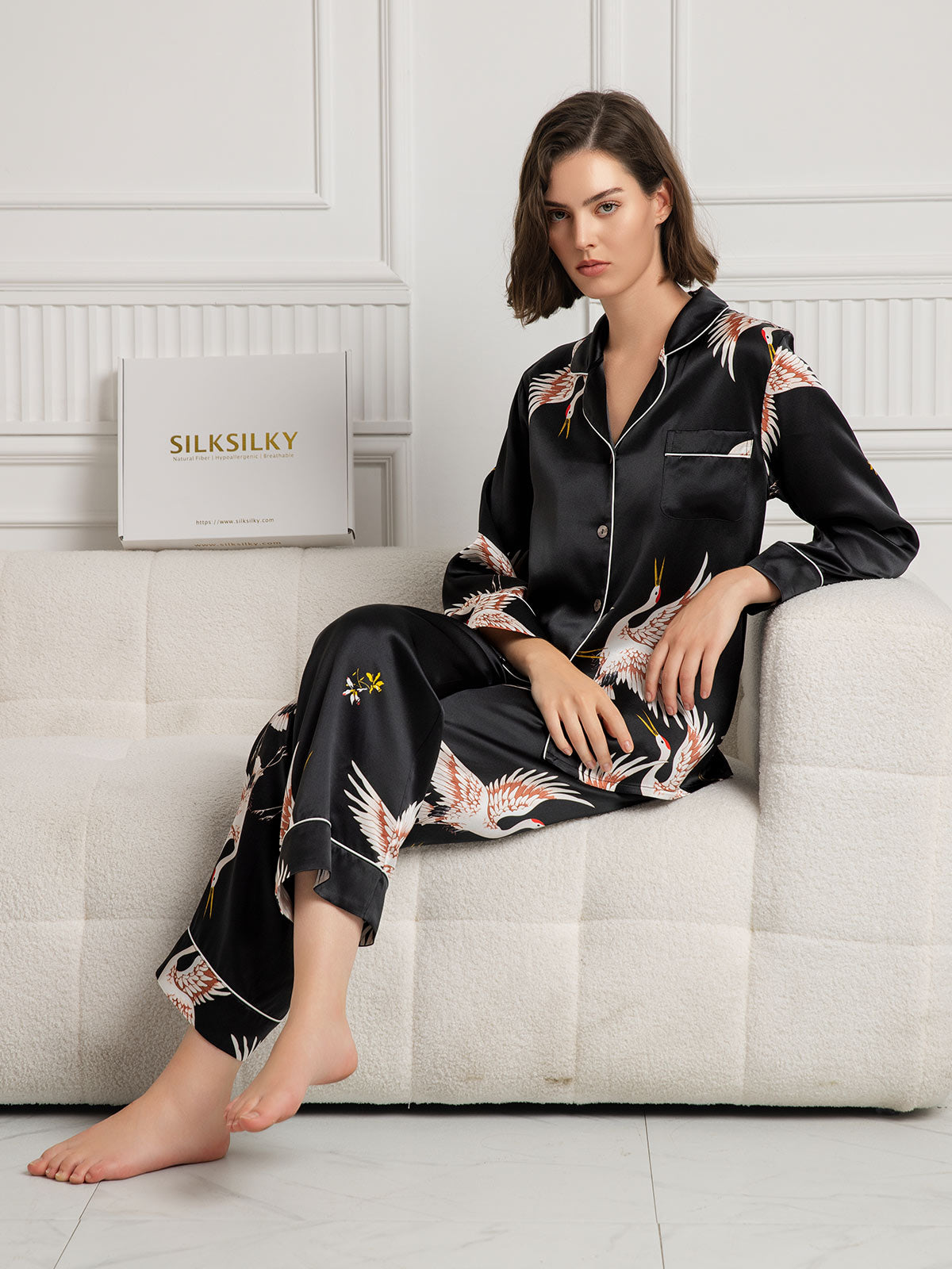 19Momme Pure Silk Crane Print Women's Long Sleeve Notch Collar Pyjamas Set