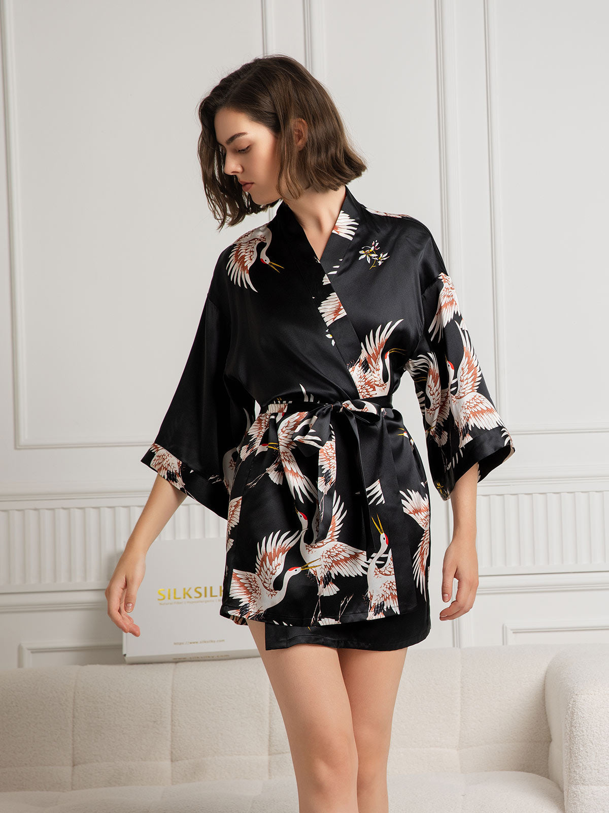 19Momme Pure Silk Crane Print 3/4 Sleeve Short Women's Kimono Robe with Wrap Design