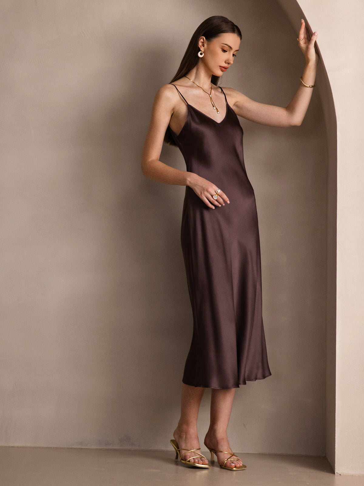 Pure Silk Spaghetti Strap V Neck Midi Dress