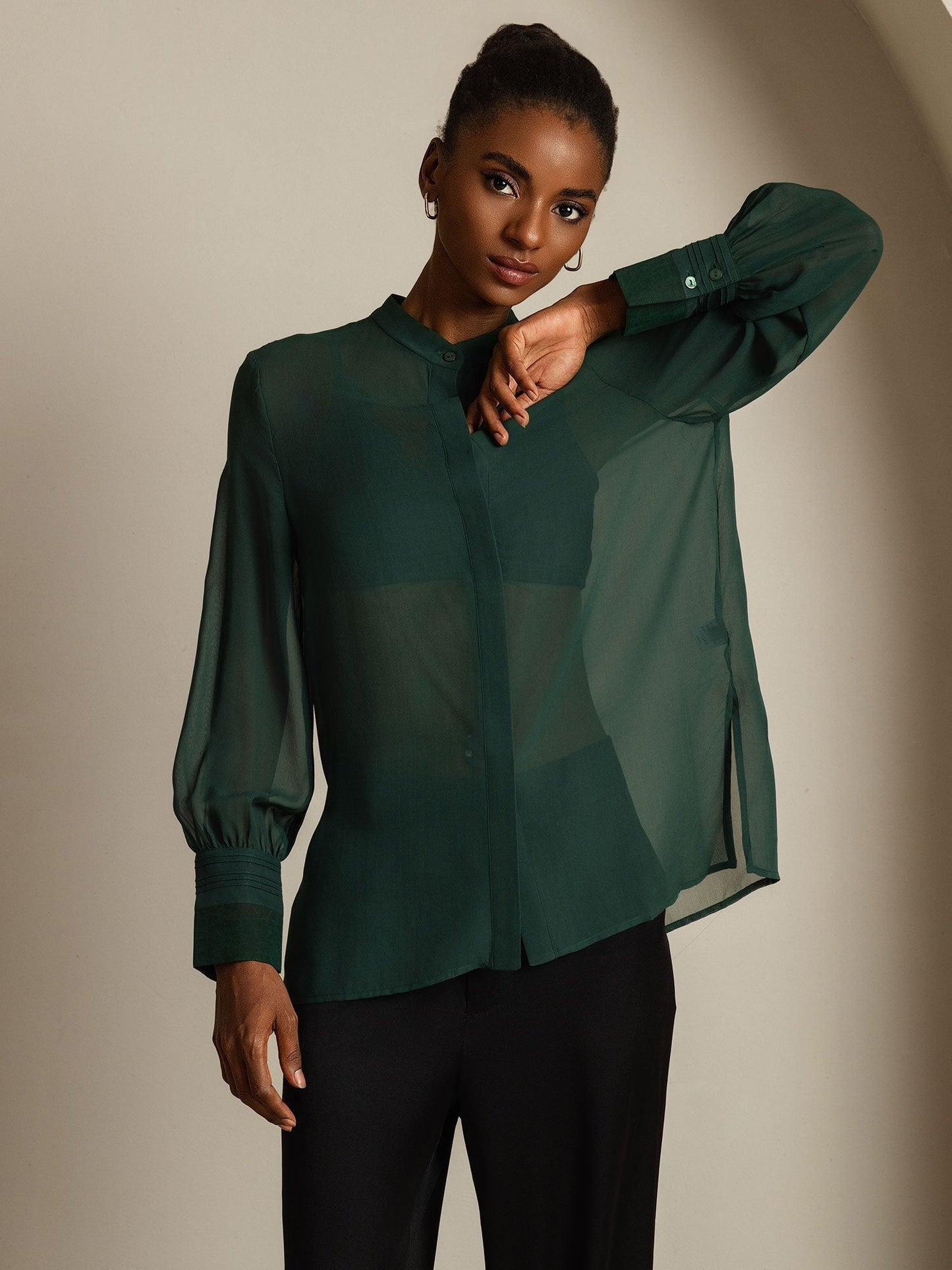 Pure Silk Long Sleeve Split Sheer Blouse
