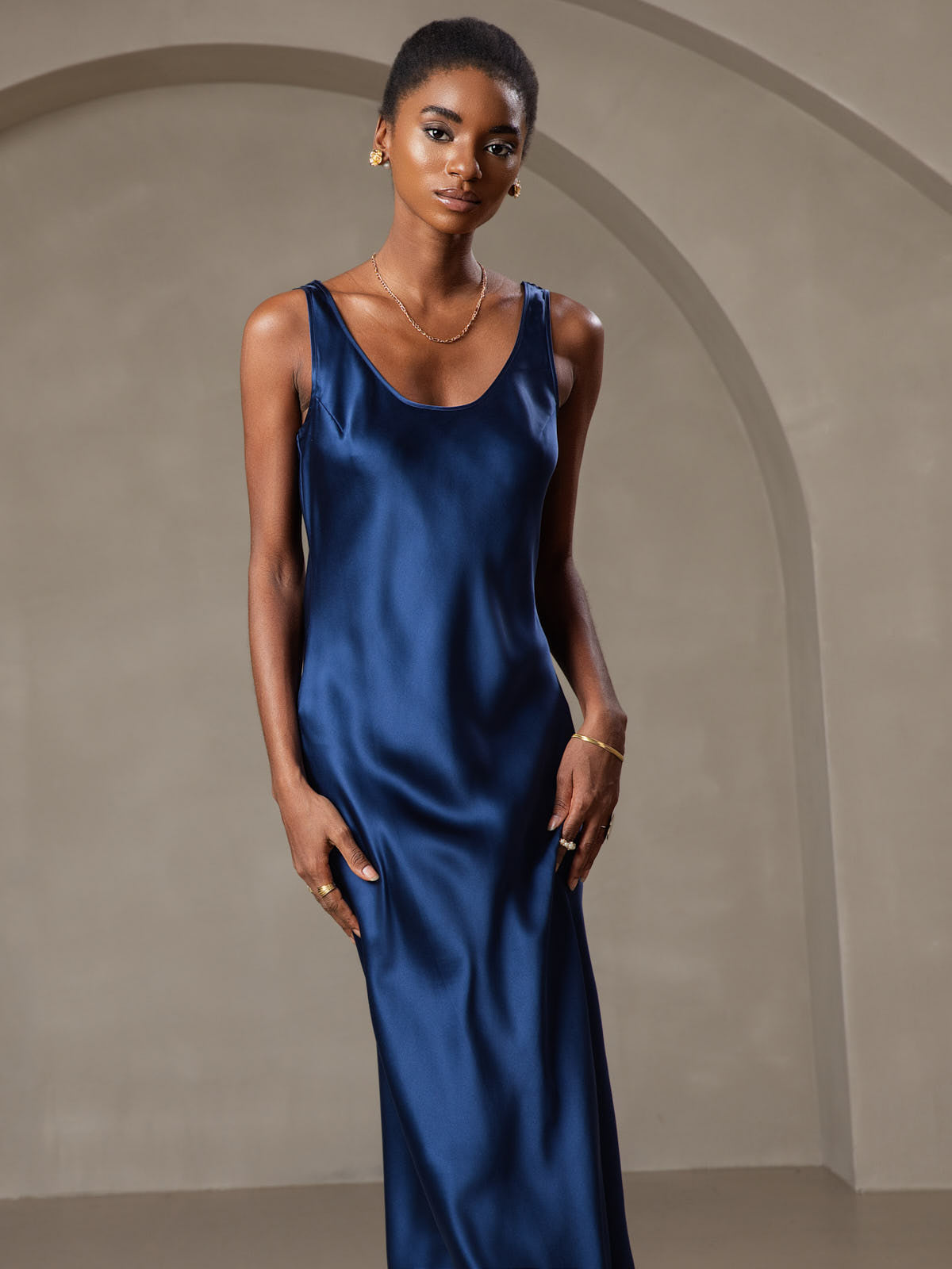 Pure Silk Sleeveless U Neck Midi Dress