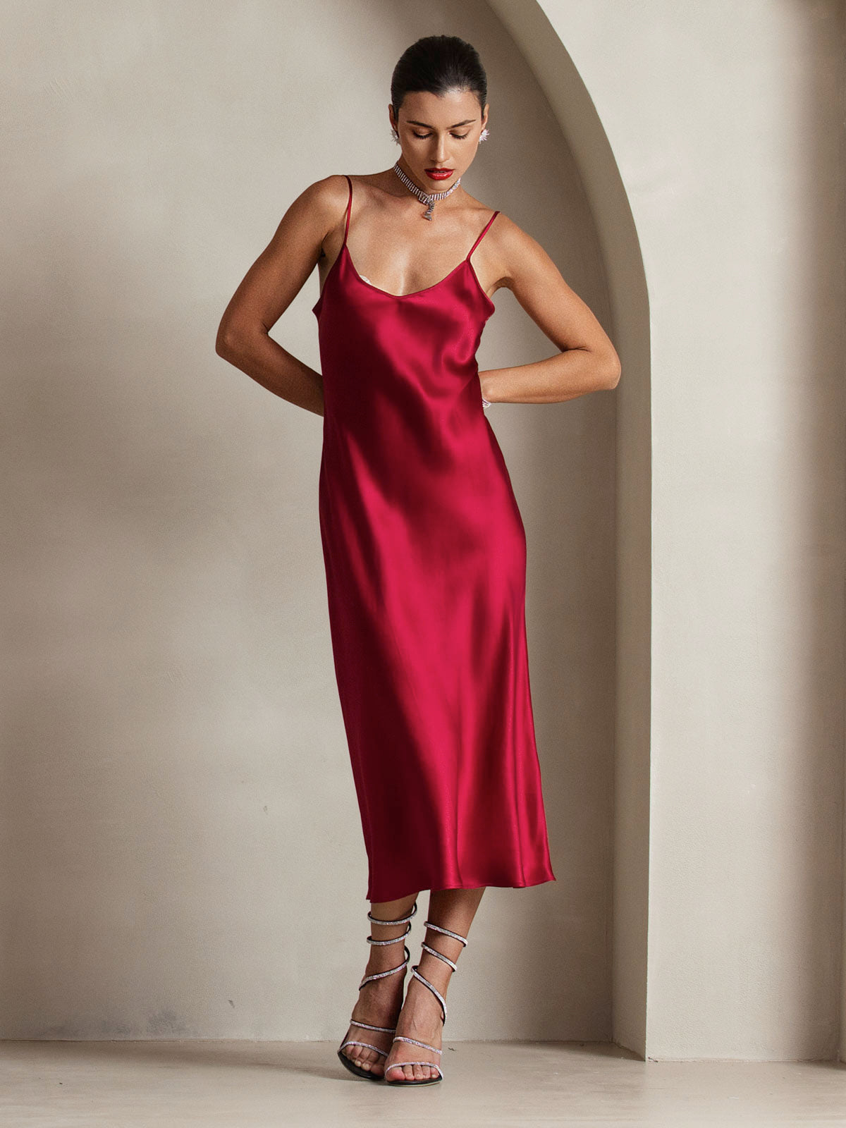 Pure Silk Spaghetti Strap Midi Dress