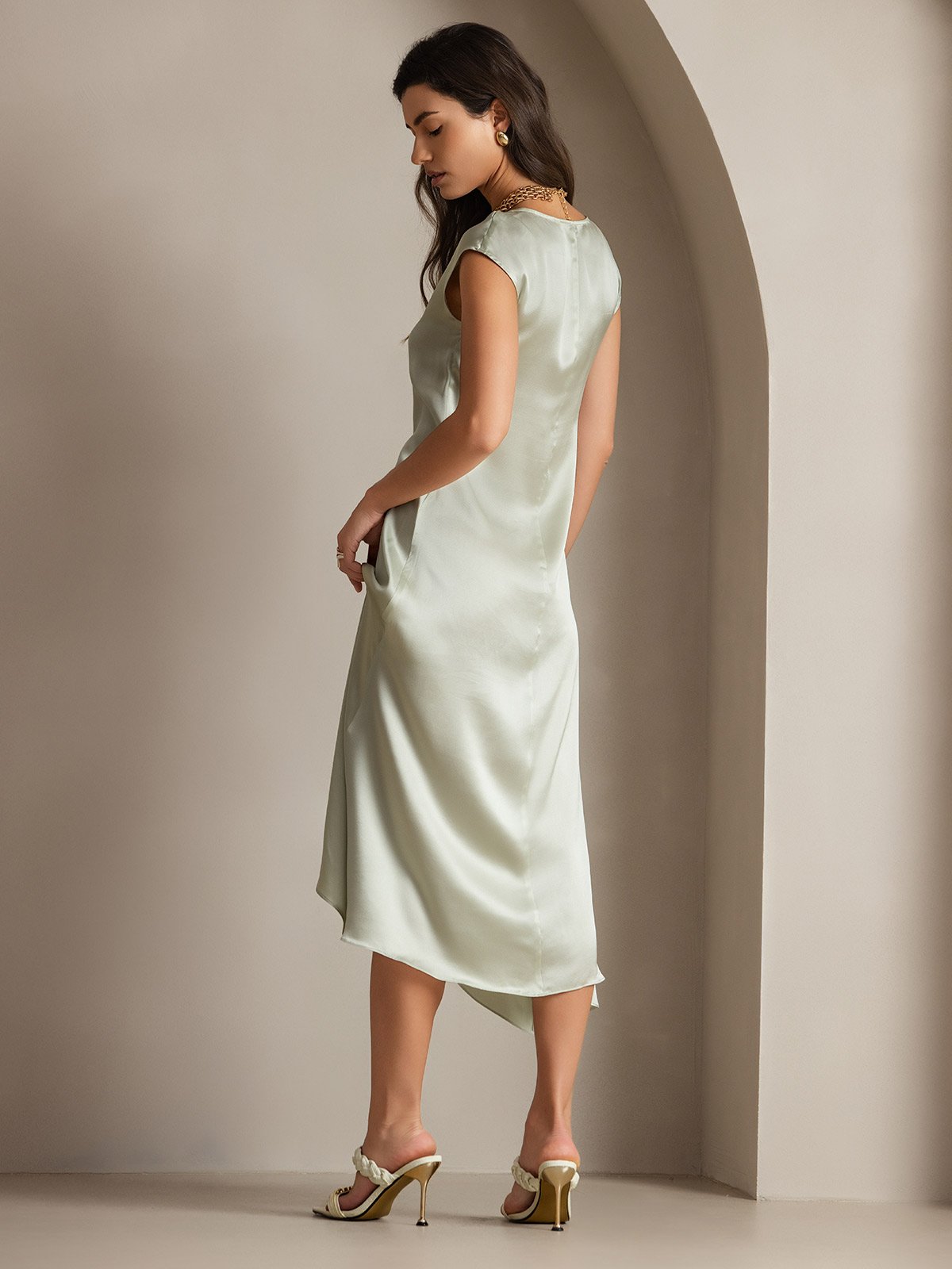 19Momme Silk Cap Sleeve Round Neck Midi Dress