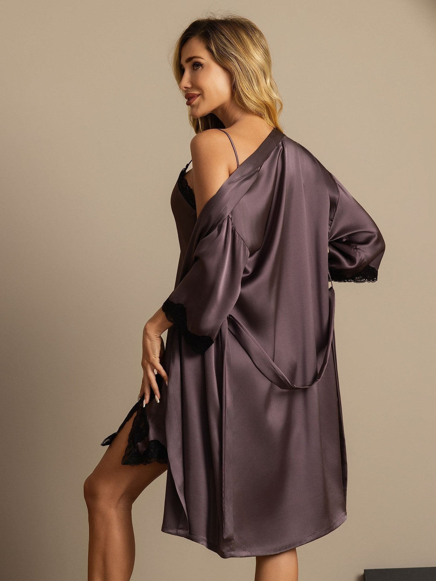 Pure Silk Basic Lace Trimmed Split Nightdress&Dressing gowns 2Pcs