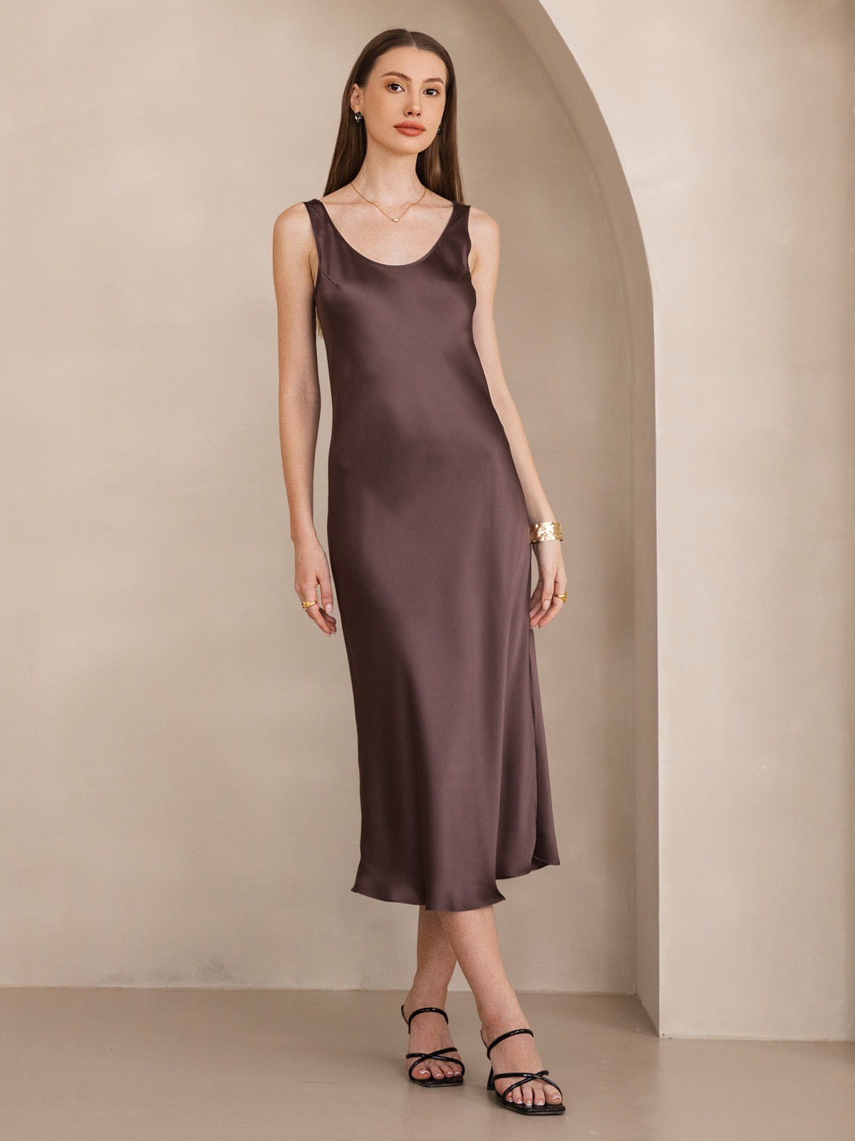 Pure Silk Sleeveless U Neck Midi Dress