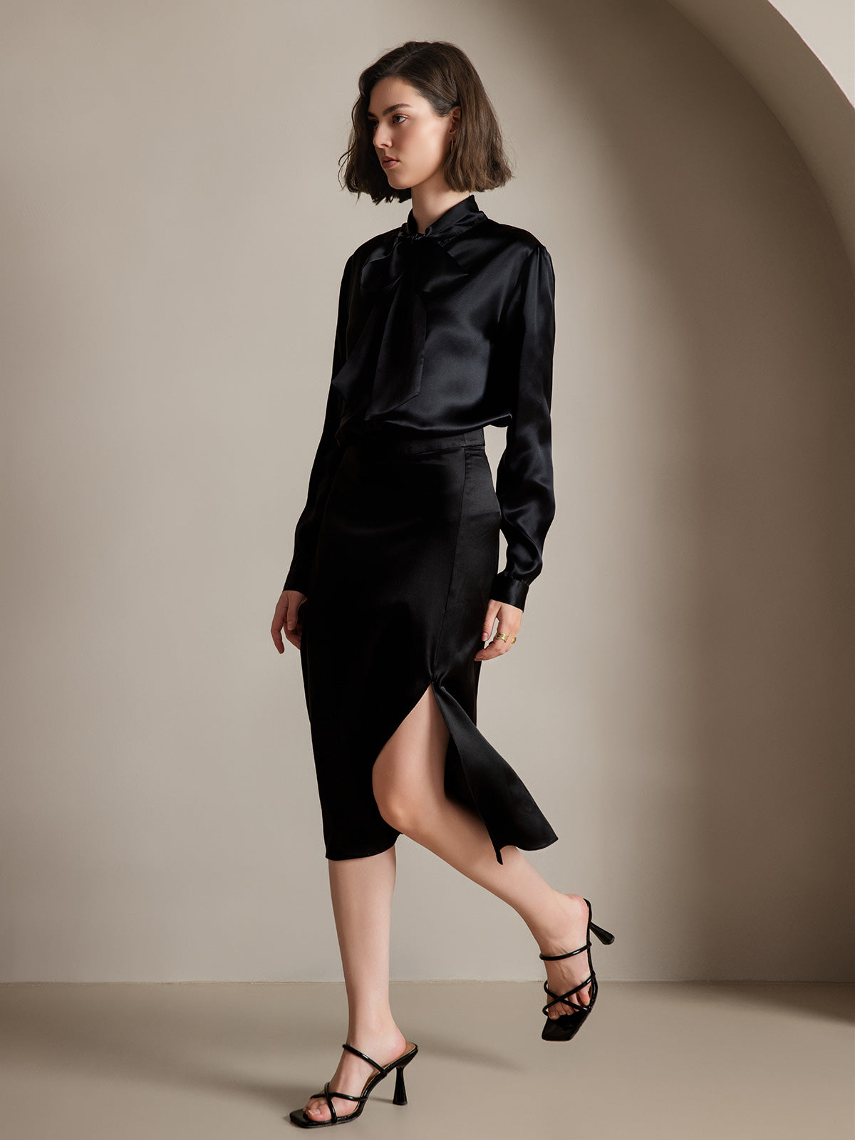 19Momme Silk Long Sleeve Tie Neck Blouse