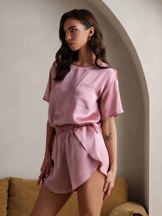 Women's Pure Silk Short Sleeve Round Neck Above the Knee Pyjamas Set