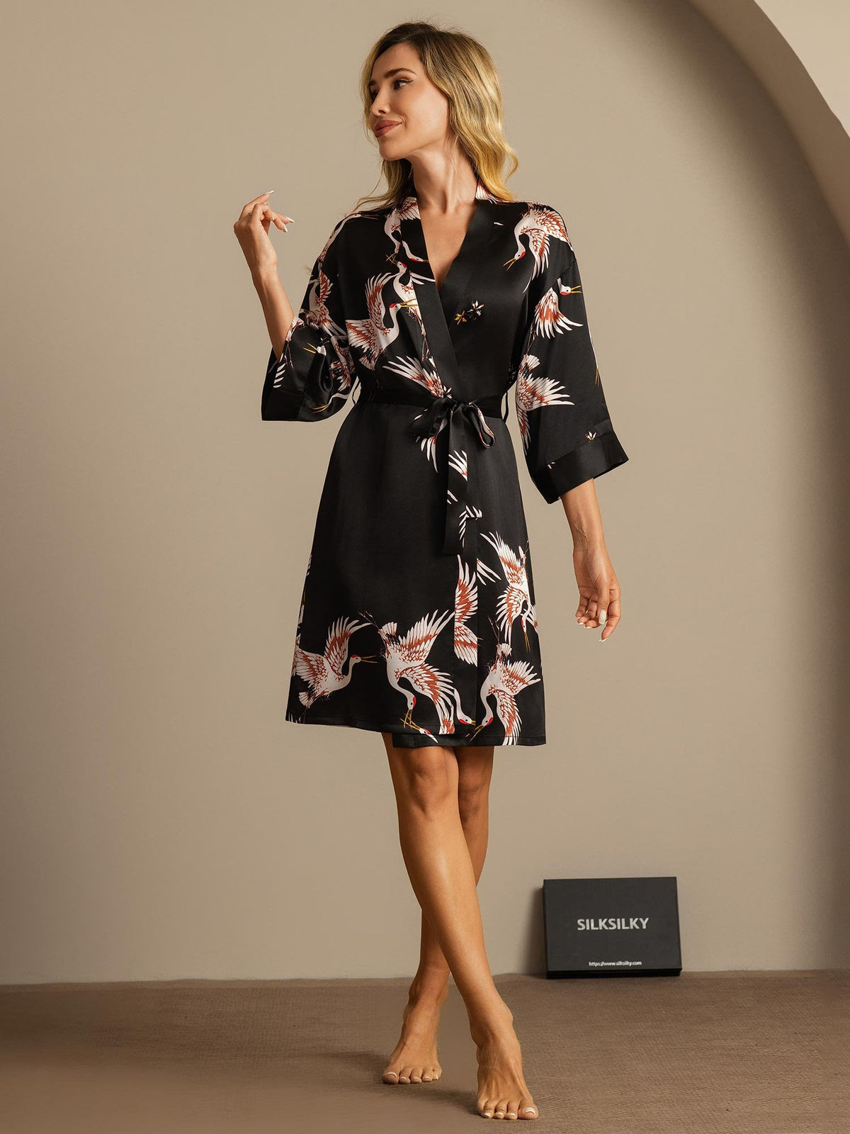 19Momme Pure Silk Crane Print Belted Wrap Women's Kimono Robe