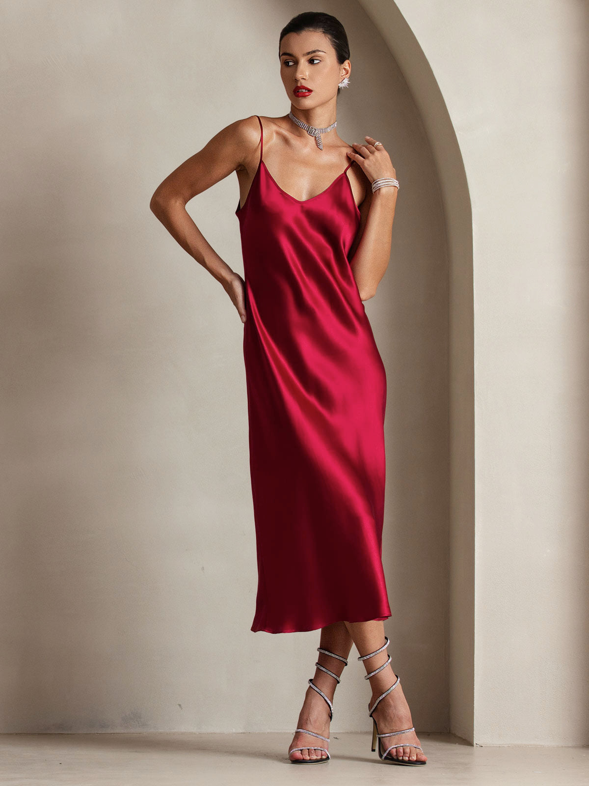 Pure Silk Spaghetti Strap V Neck Midi Dress