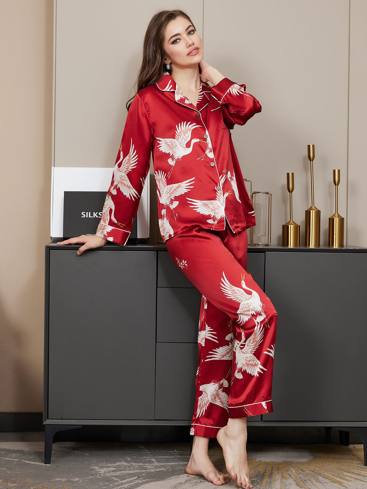 19Momme Pure Silk Crane Print Women's Long Sleeve Notch Collar Pyjamas Set