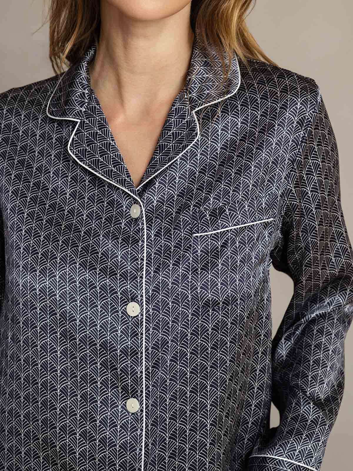 Women's Pure Silk Navy Ginkgo Print Long Sleeve Notch Collar Pajamas Set