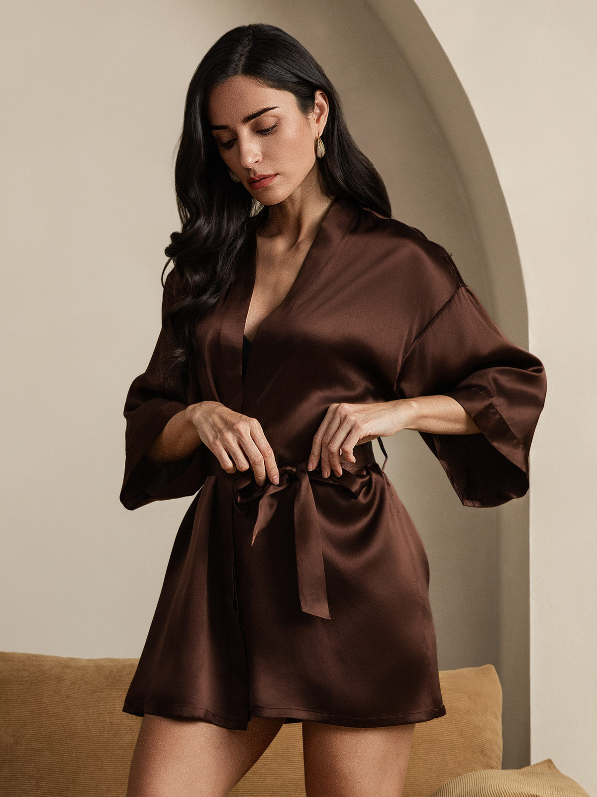 Pure Silk 3/4 Sleeve Short Women's Kimono Dressing Gown with Wrap Design