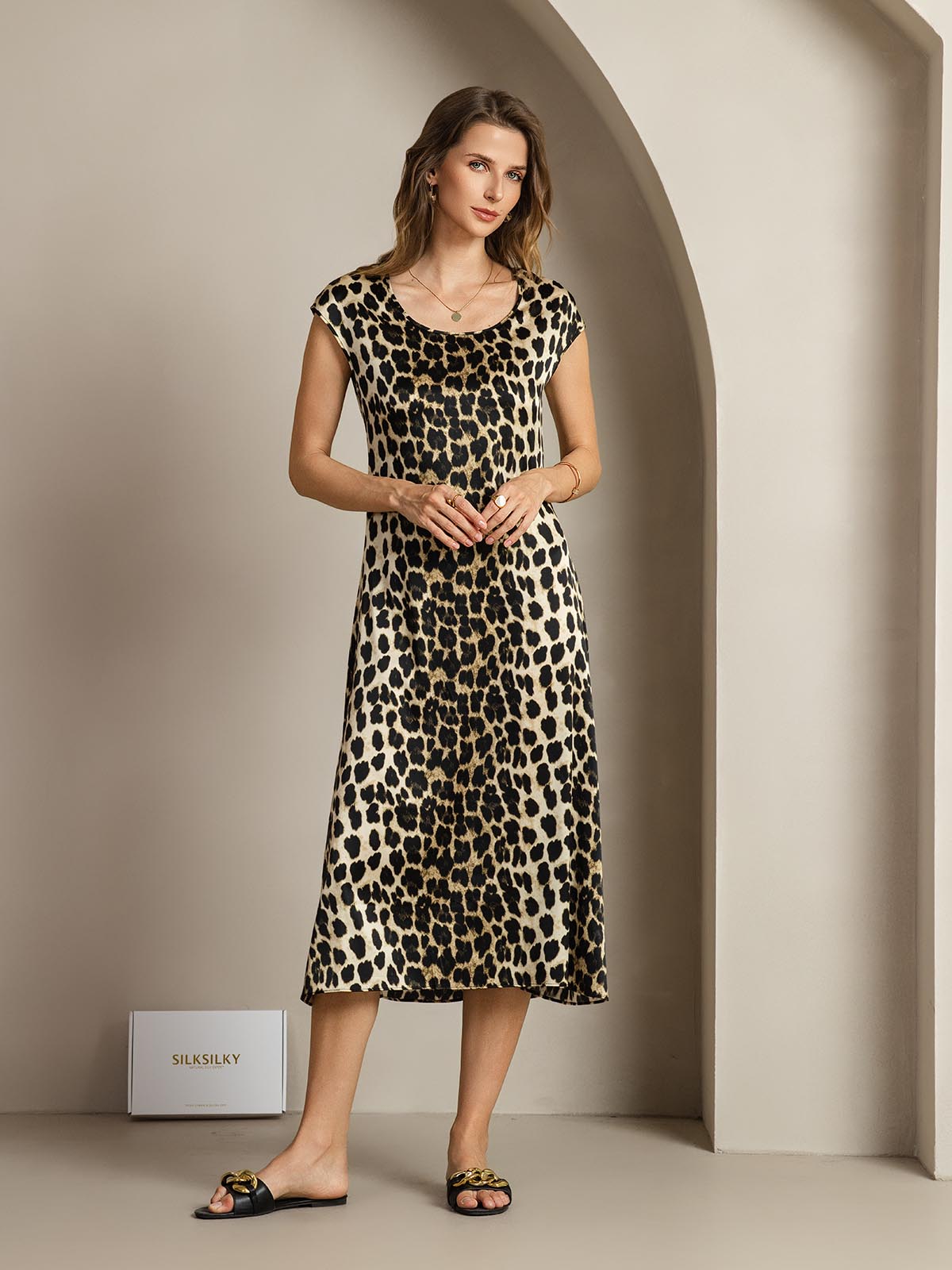 Clearance(Ships to UK Only) - 19Momme Silk Leopard Print Cap Sleeve Midi Dress
