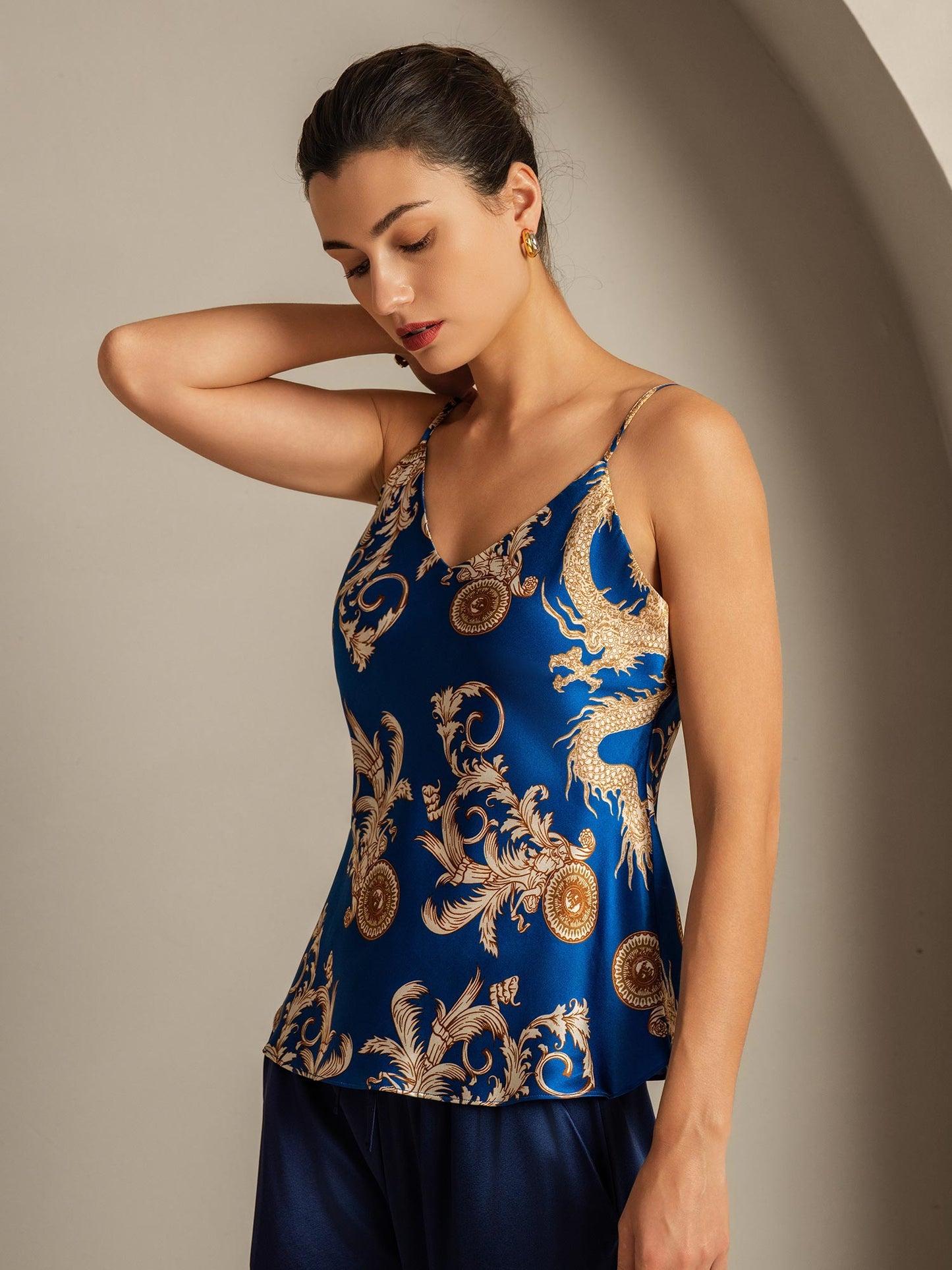 Pure Silk Dragon Print Spaghetti Strap V Neck Camisoles