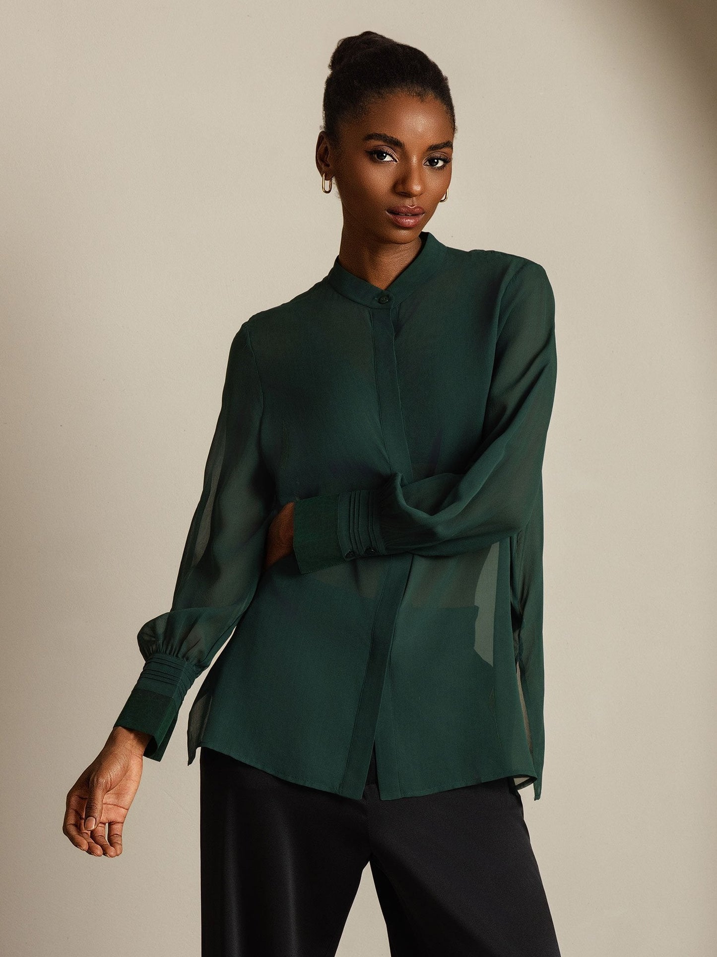 Pure Silk Long Sleeve Split Sheer Blouse