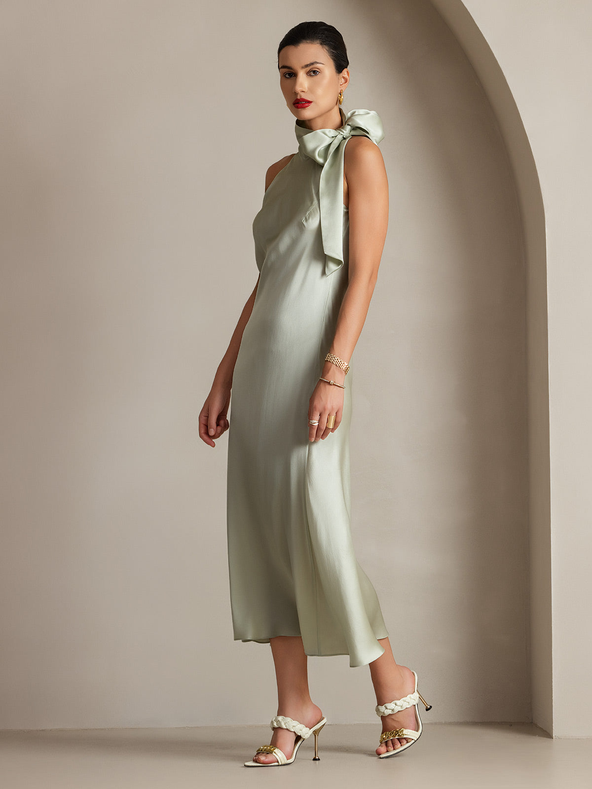 19Momme Silk Sleeveless Tie Neck Midi Dress