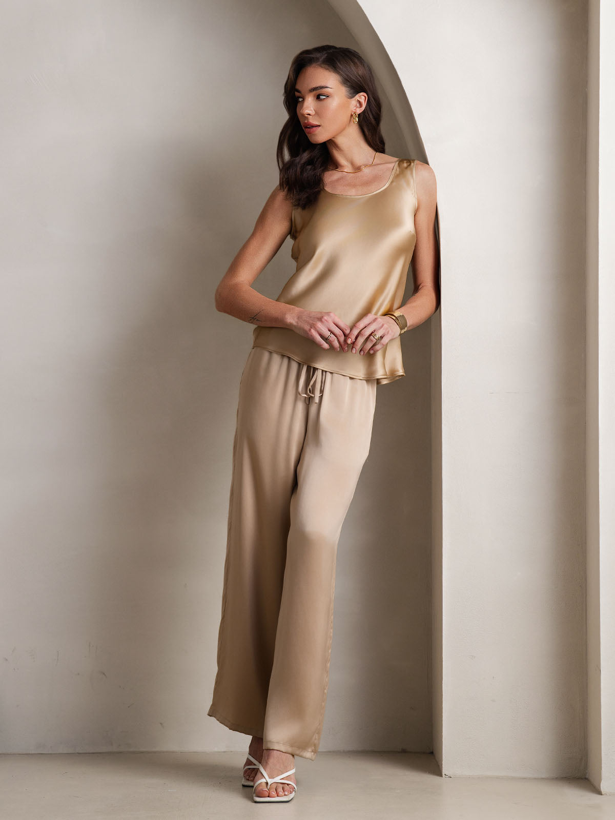 Pure Silk Sleeveless U-Neck Tank Top & Wide Leg Pants Set