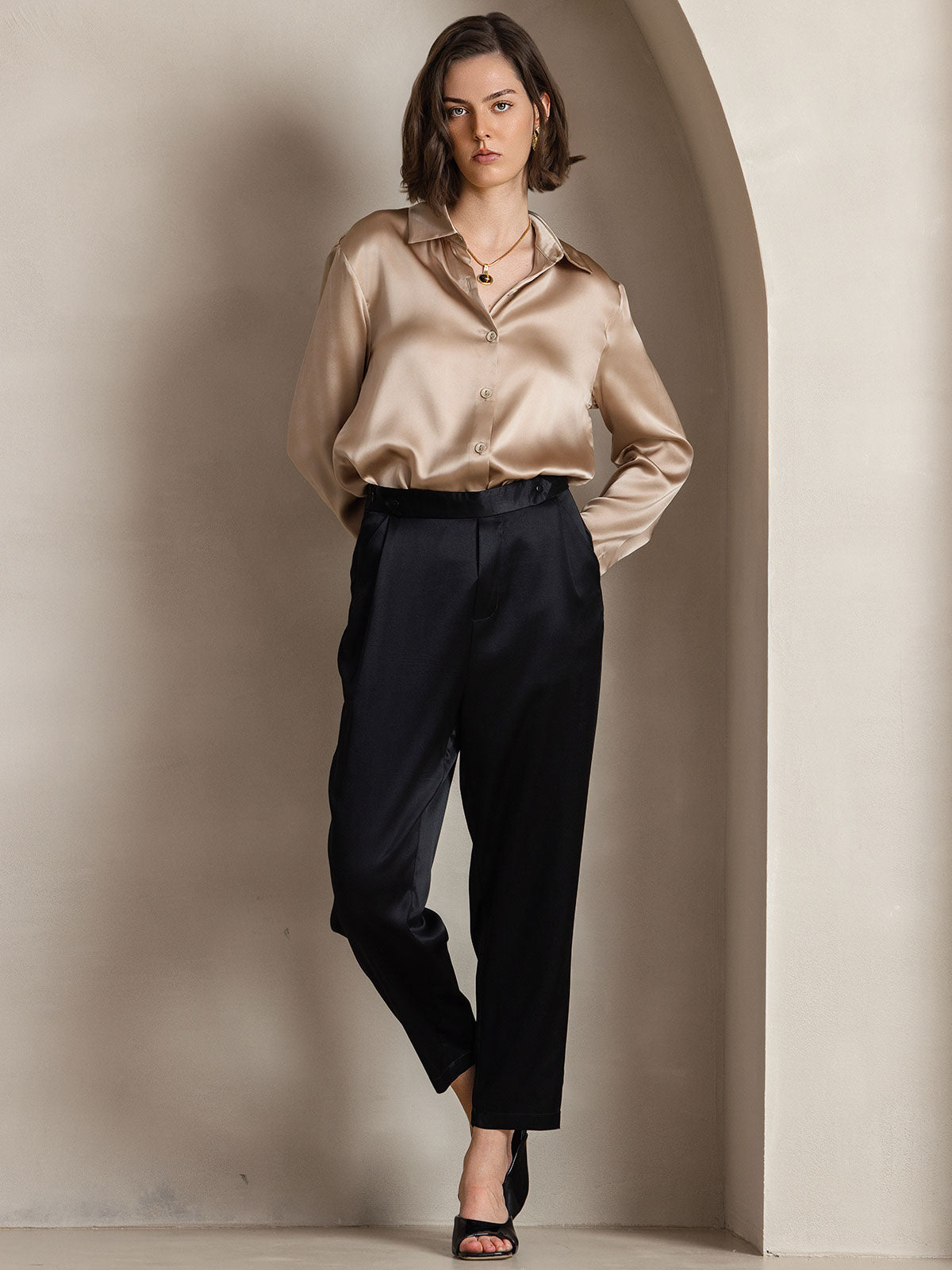 19Momme Silk Long Sleeve Lapel Collar Women's Shirt