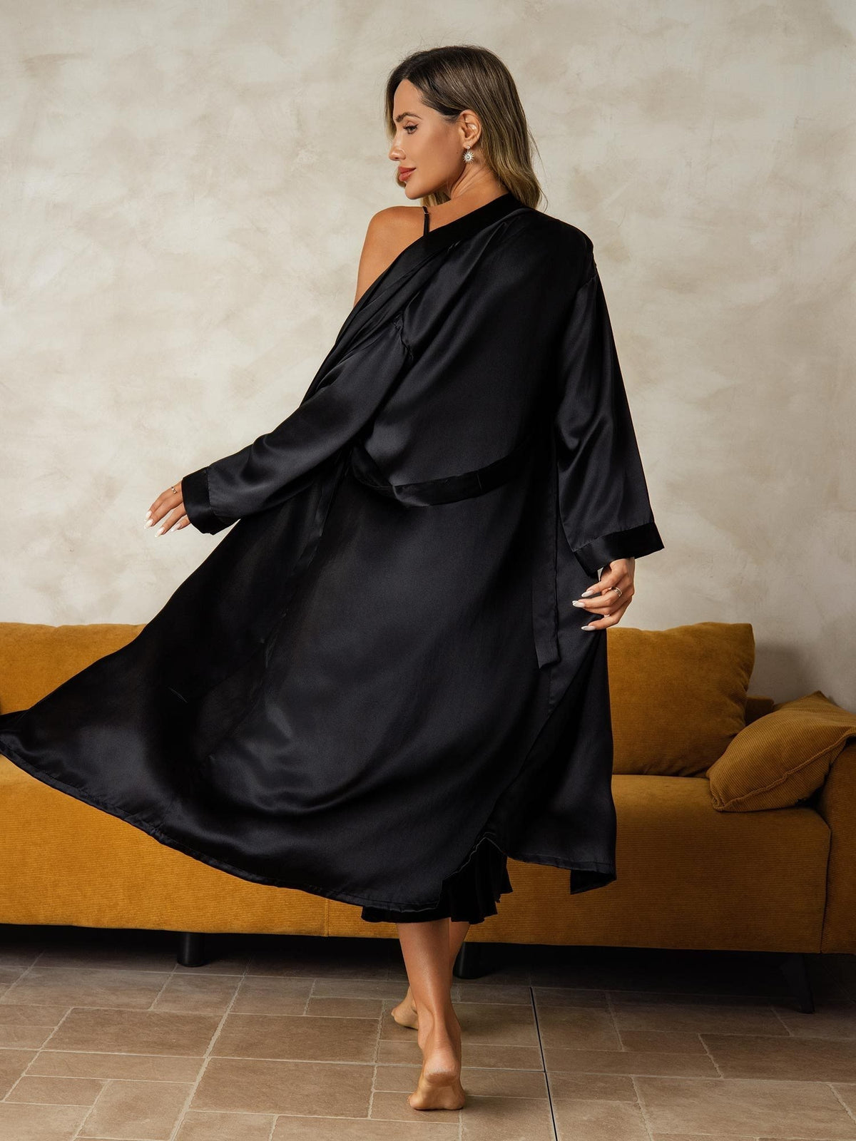 Pure Silk V-Neck Midi Nightdress & Dressing Gown Set 2Pcs