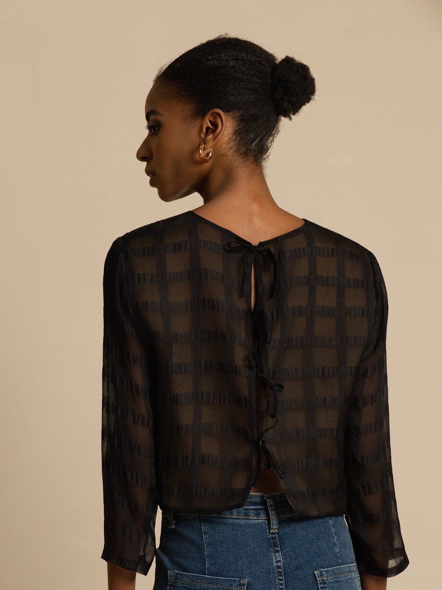 Pure Silk Women's Long Sleeve Textured Grid Crop Blouse with Back Ties
