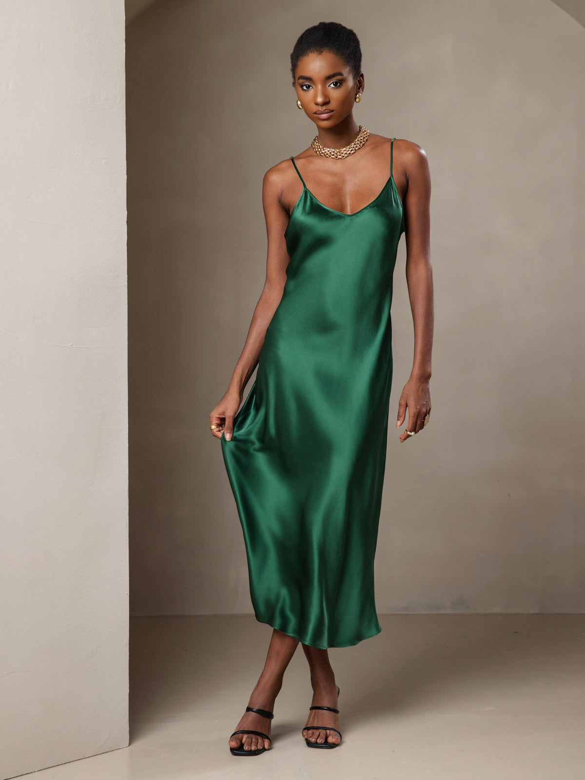 Pure Silk Spaghetti Strap V Neck Midi Dress