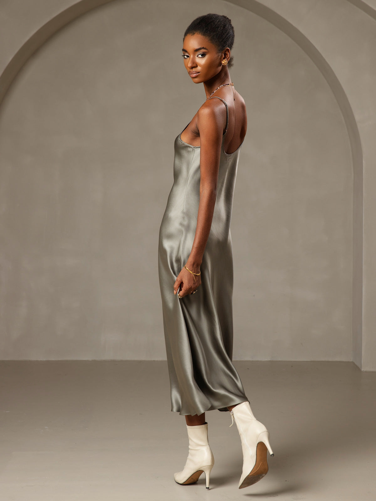 Pure Silk Spaghetti Strap V Neck Midi Dress