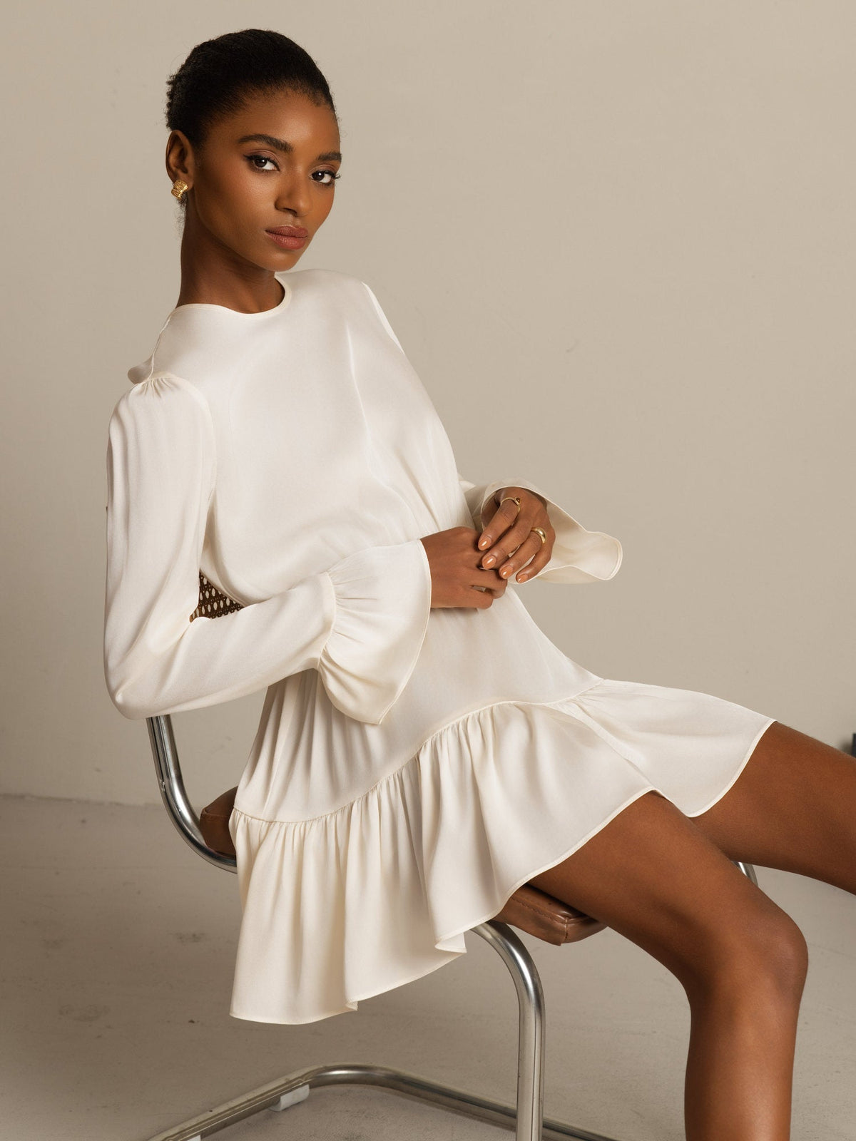 19Momme Silk  Ruffle Sleeves Short A-Line Flowy Dress