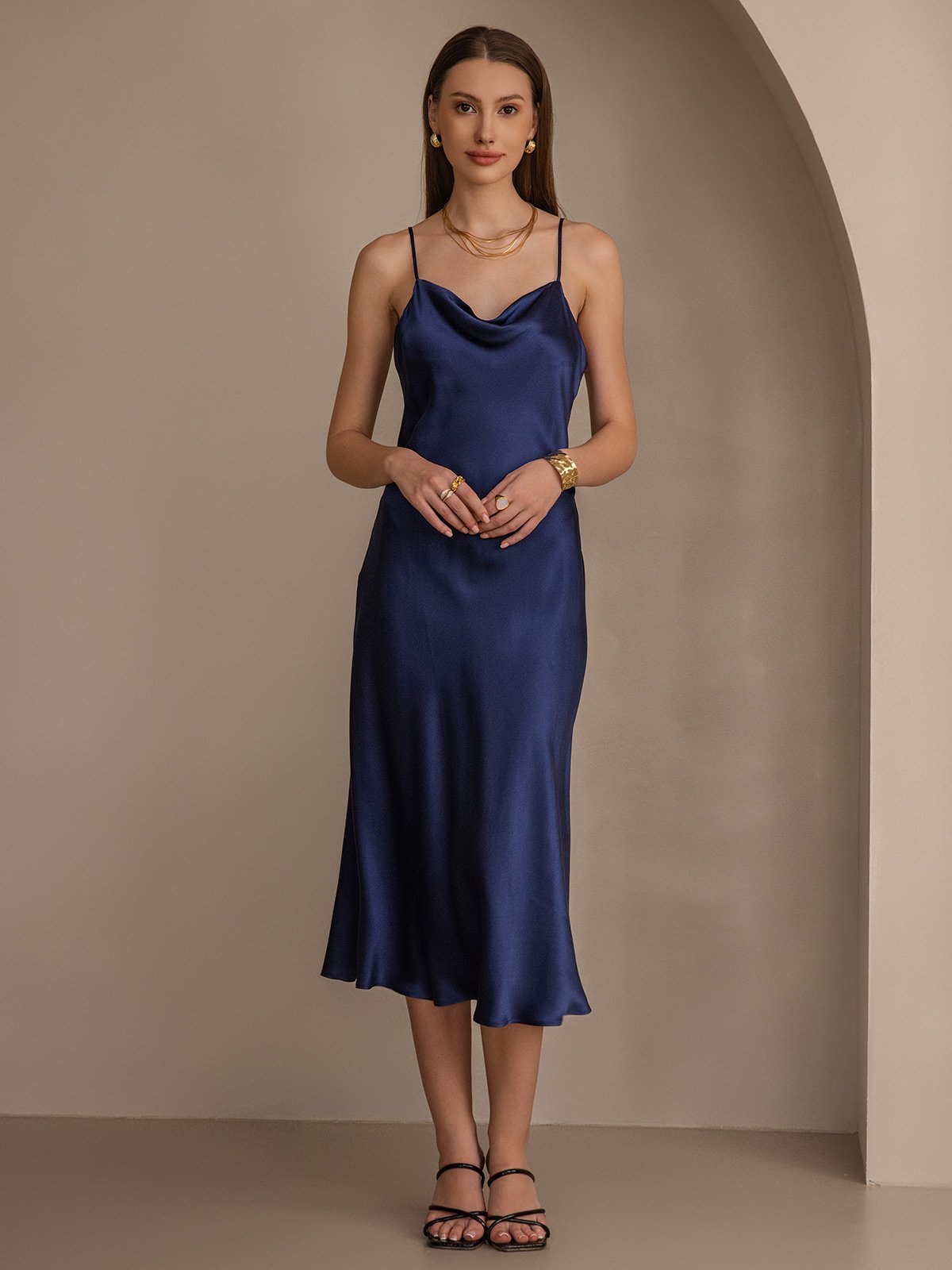 Pure Silk Cowl Neck Midi Dress