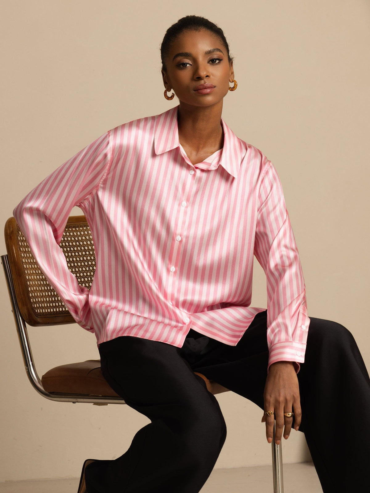 19Momme Silk Long Sleeve Lapel Collar Women's Shirt with Button Up Design