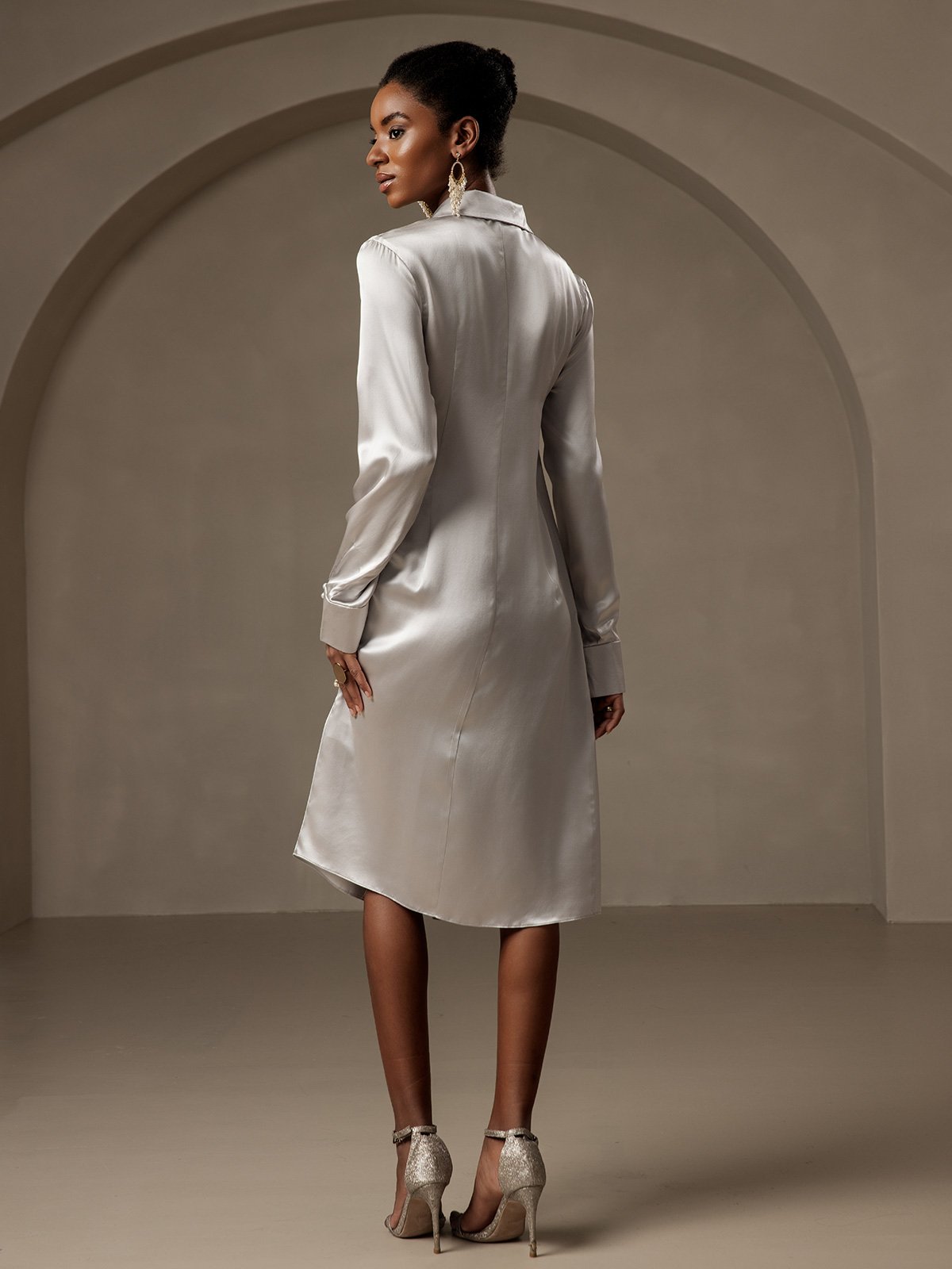 Clearance(Ships to UK Only) - 19Momme Silk Long Sleeve Lapel Collar Wrap Dress with Split Design