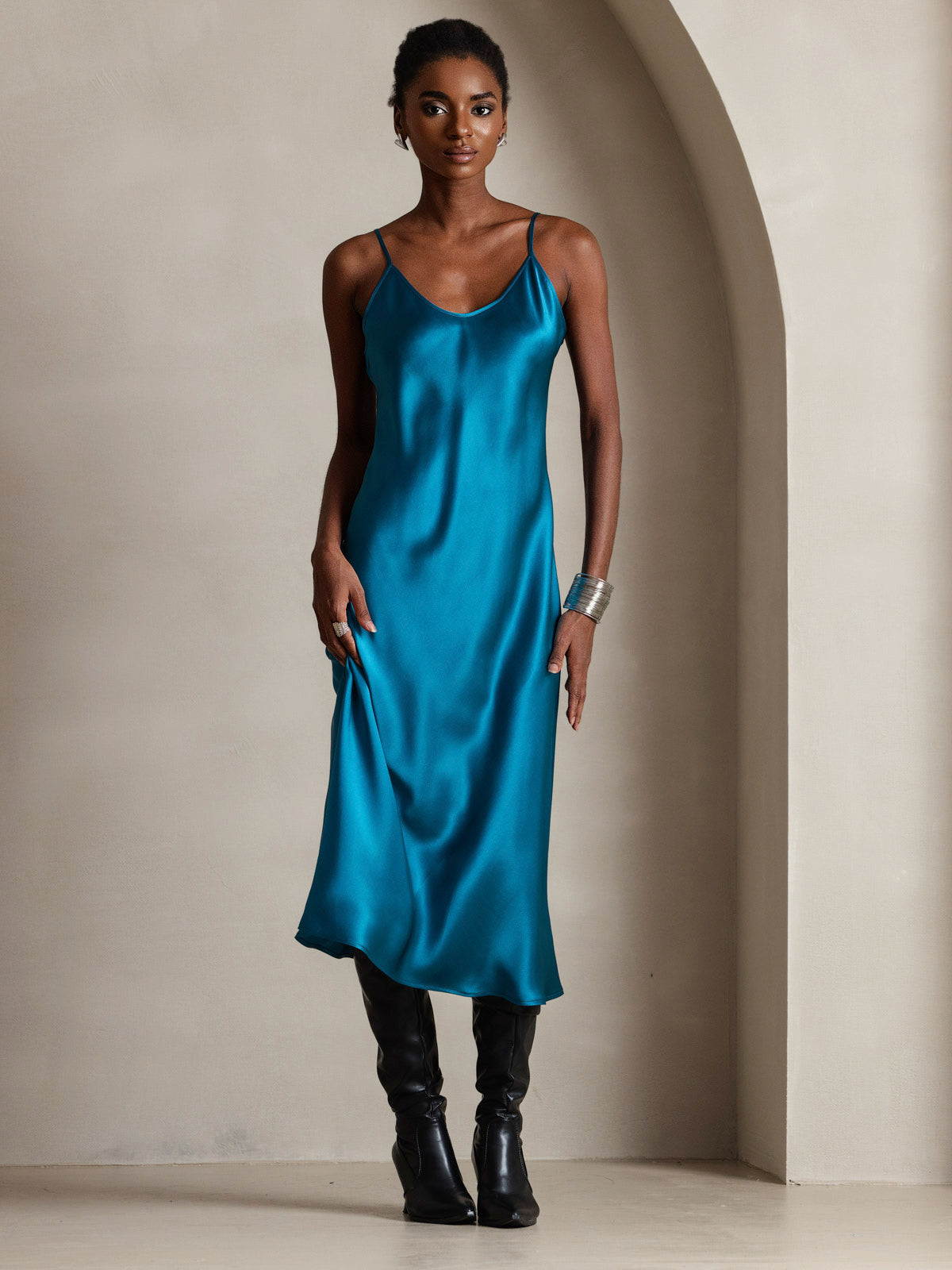 Pure Silk Spaghetti Strap V Neck Midi Dress
