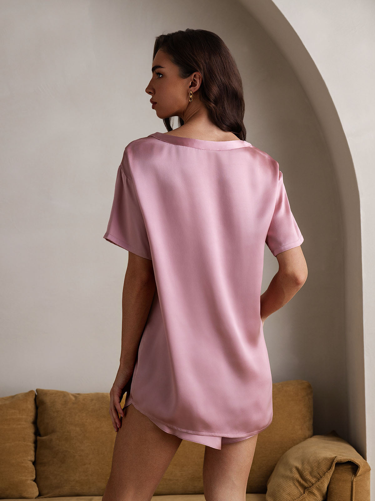 Pure Silk Short Sleeve Round Neck Women's Pyjamas Set