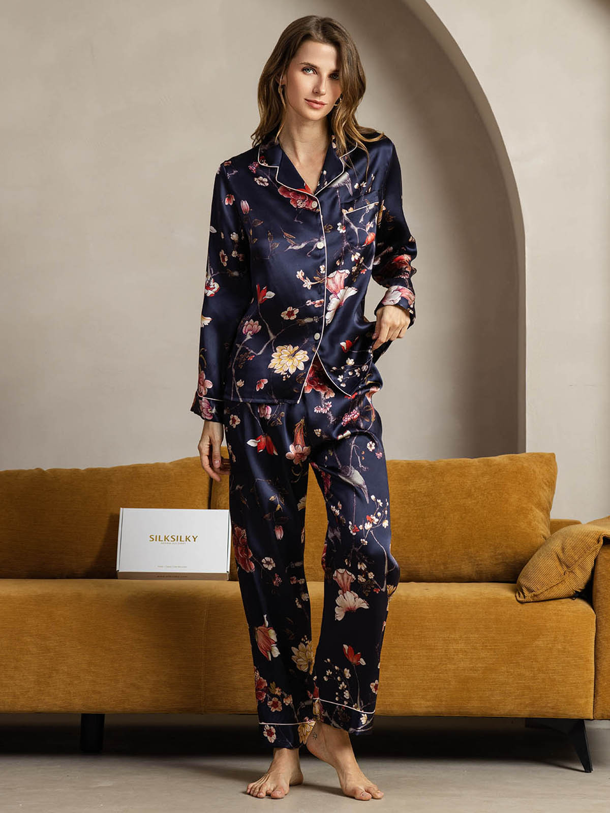 Women's Pure Silk Navy Floral Print Long Sleeve Notch Collar Button Up Pajamas Set