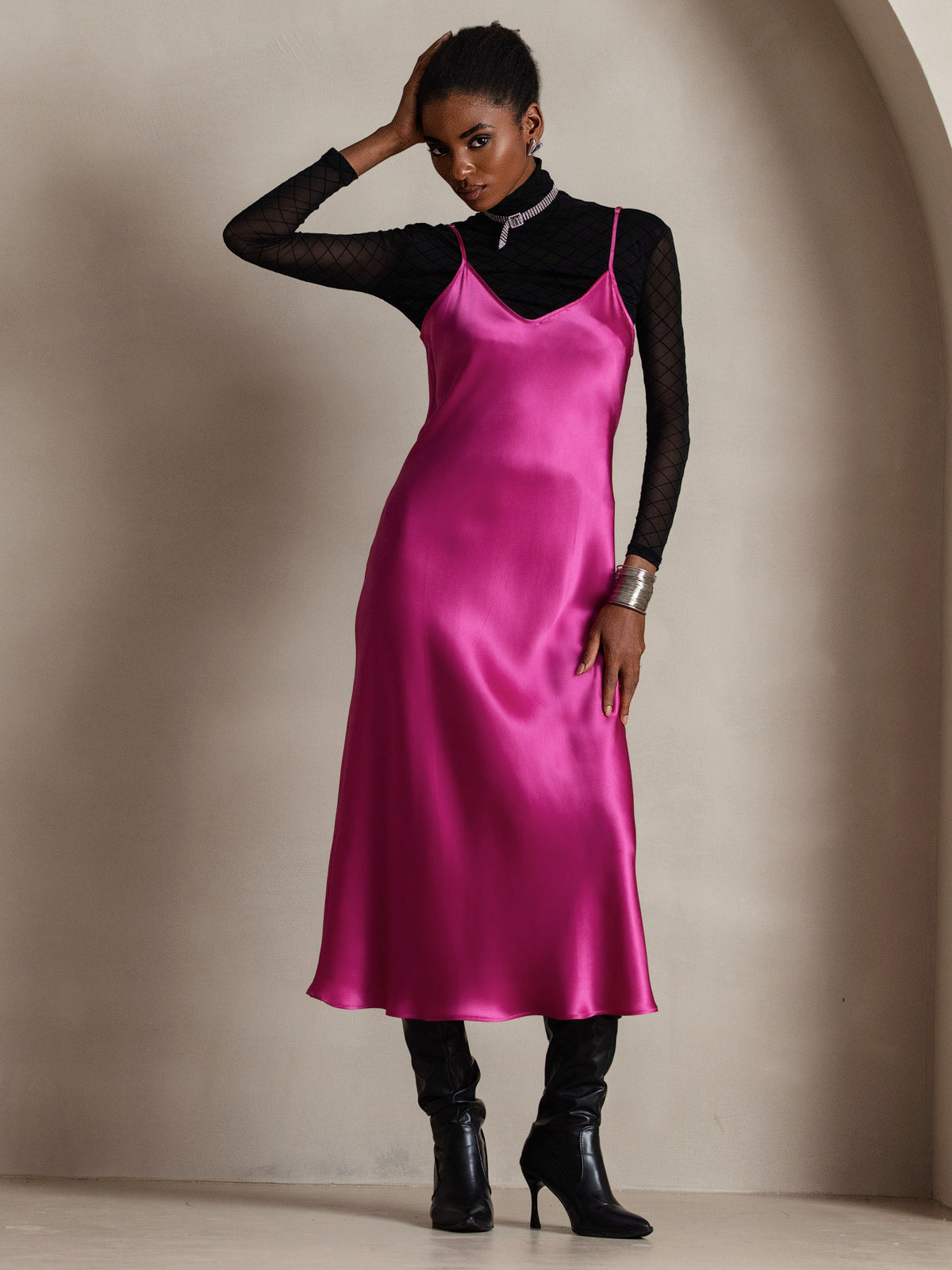Pure Silk Spaghetti Strap Midi Dress