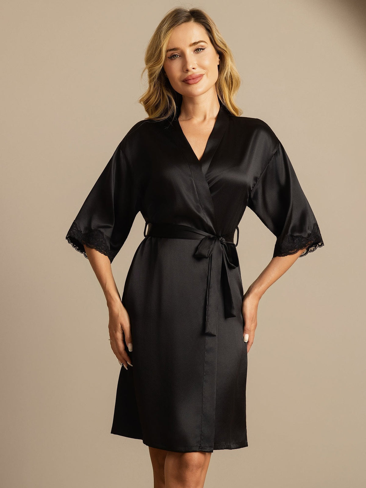 Pure Silk Basic Women's Robe with Lace Design