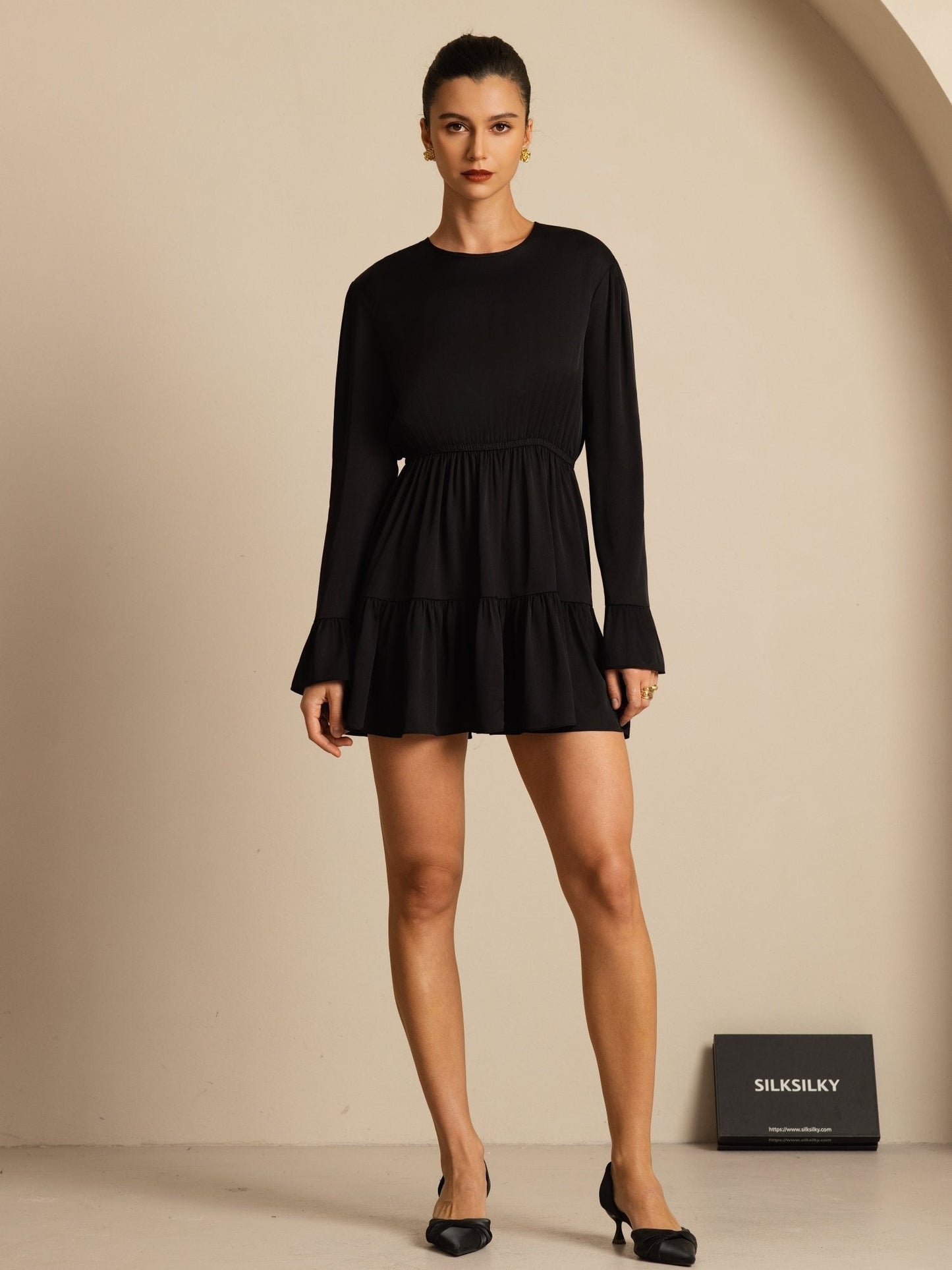 19Momme Silk  Ruffle Sleeves Short A-Line Flowy Dress