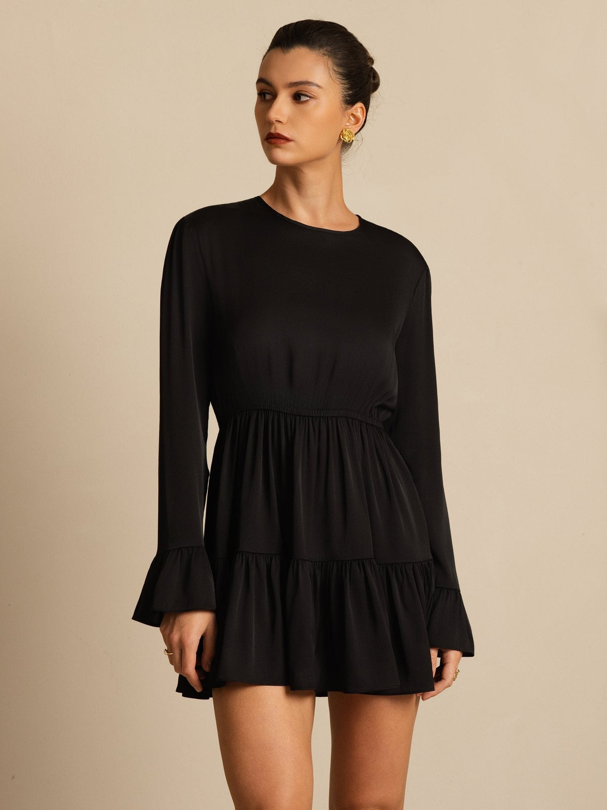 19Momme Silk  Ruffle Sleeves Short A-Line Flowy Dress