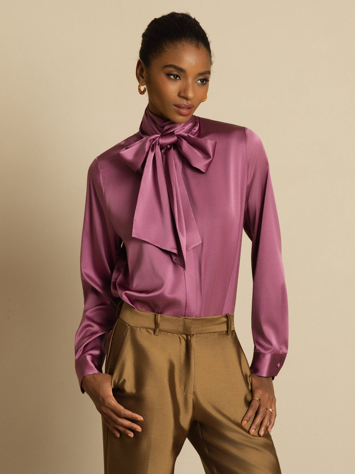 19Momme Silk Long Sleeve High Neck Bow Tie Blouse