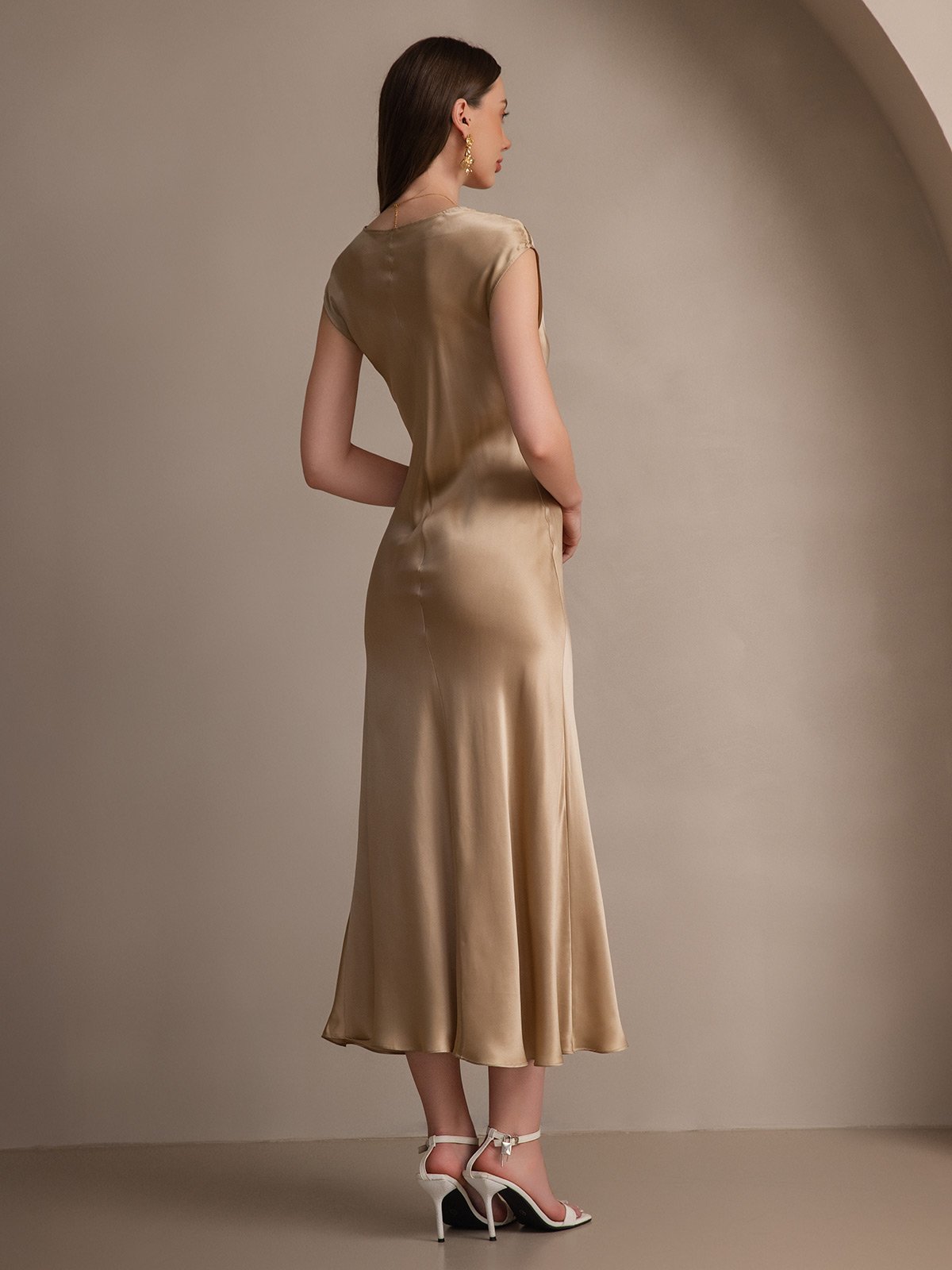 19Momme Silk Cap Sleeve Round Neck Midi Dress