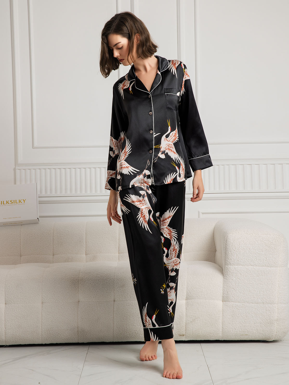 19Momme Women's Pure Silk Crane Print Long Sleeve Pyjamas Set