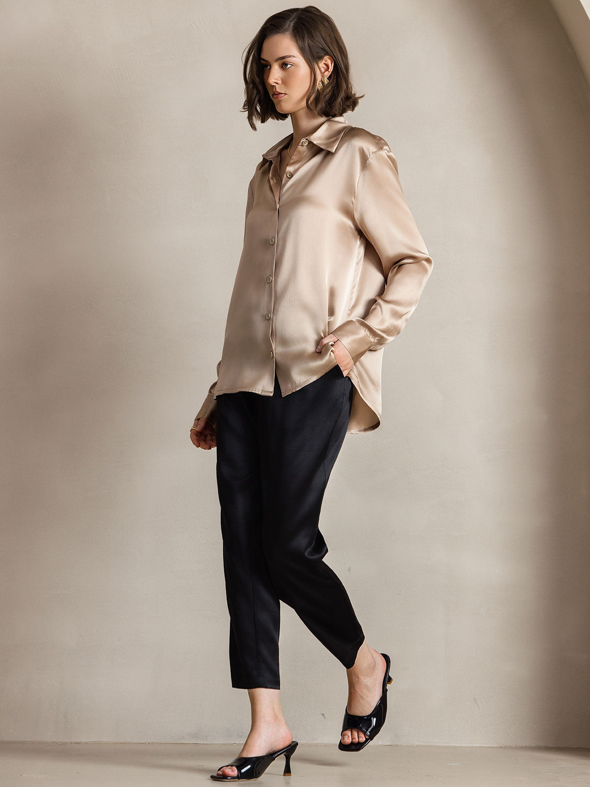 19Momme Silk Long Sleeve Lapel Collar Women's Shirt with Button Up Design