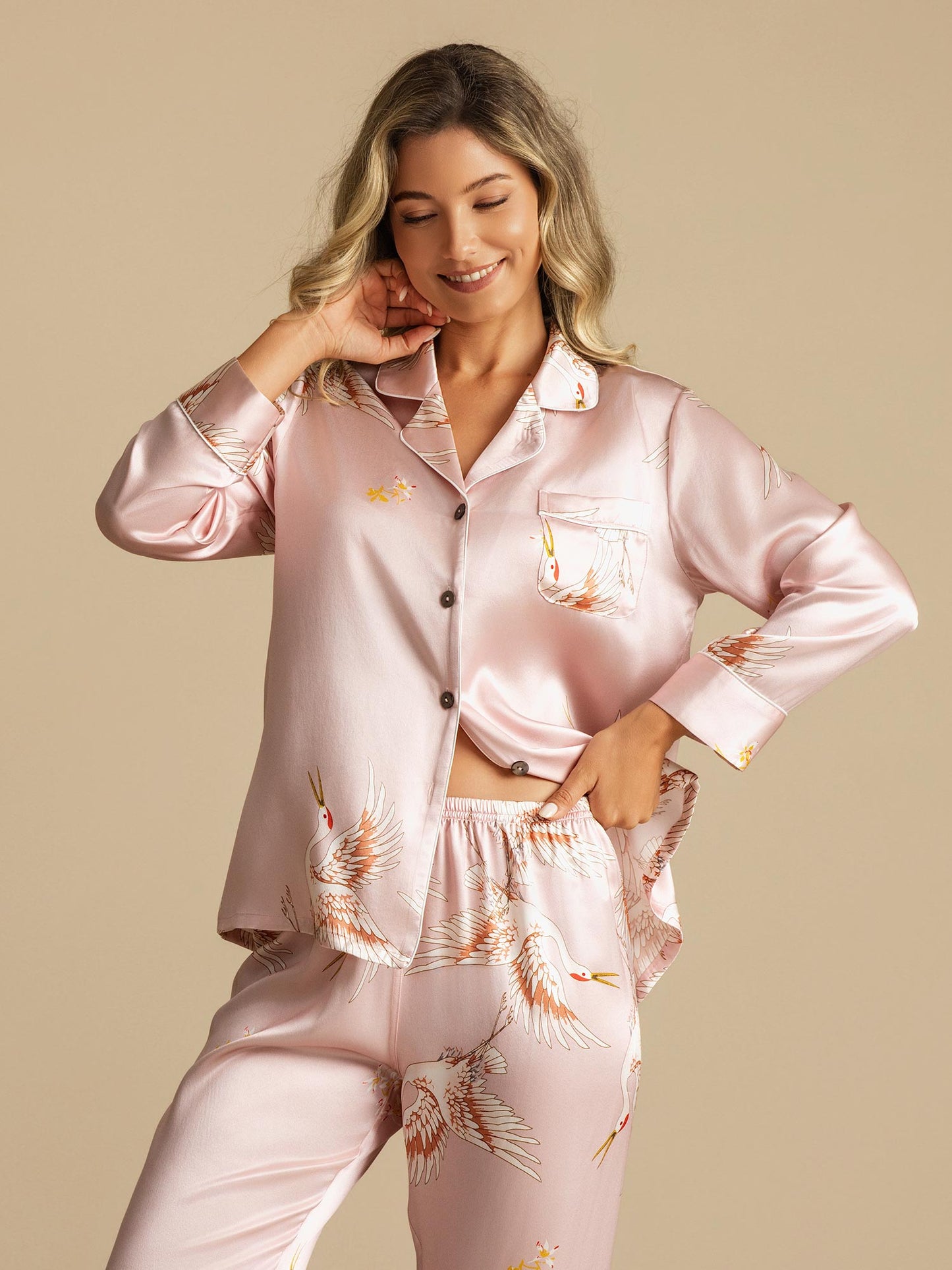 19Momme Women's Pure Silk Crane Print Long Sleeve Pyjamas Set