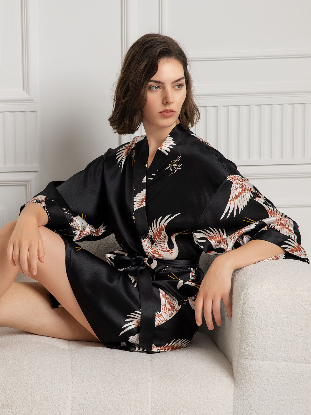 19Momme Pure Silk Crane Print 3/4 Sleeve Short Women's Kimono Robe