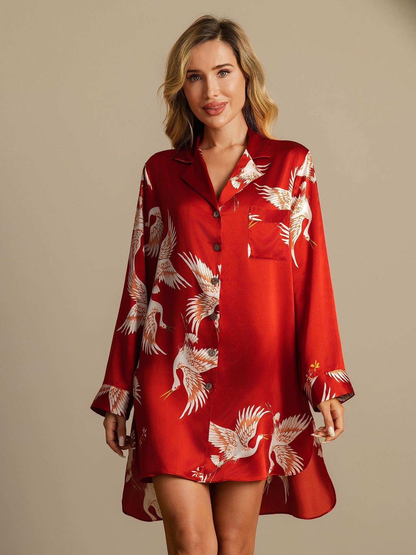 19Momme Pure Silk Crane Print Nightshirt with High-Low Hem
