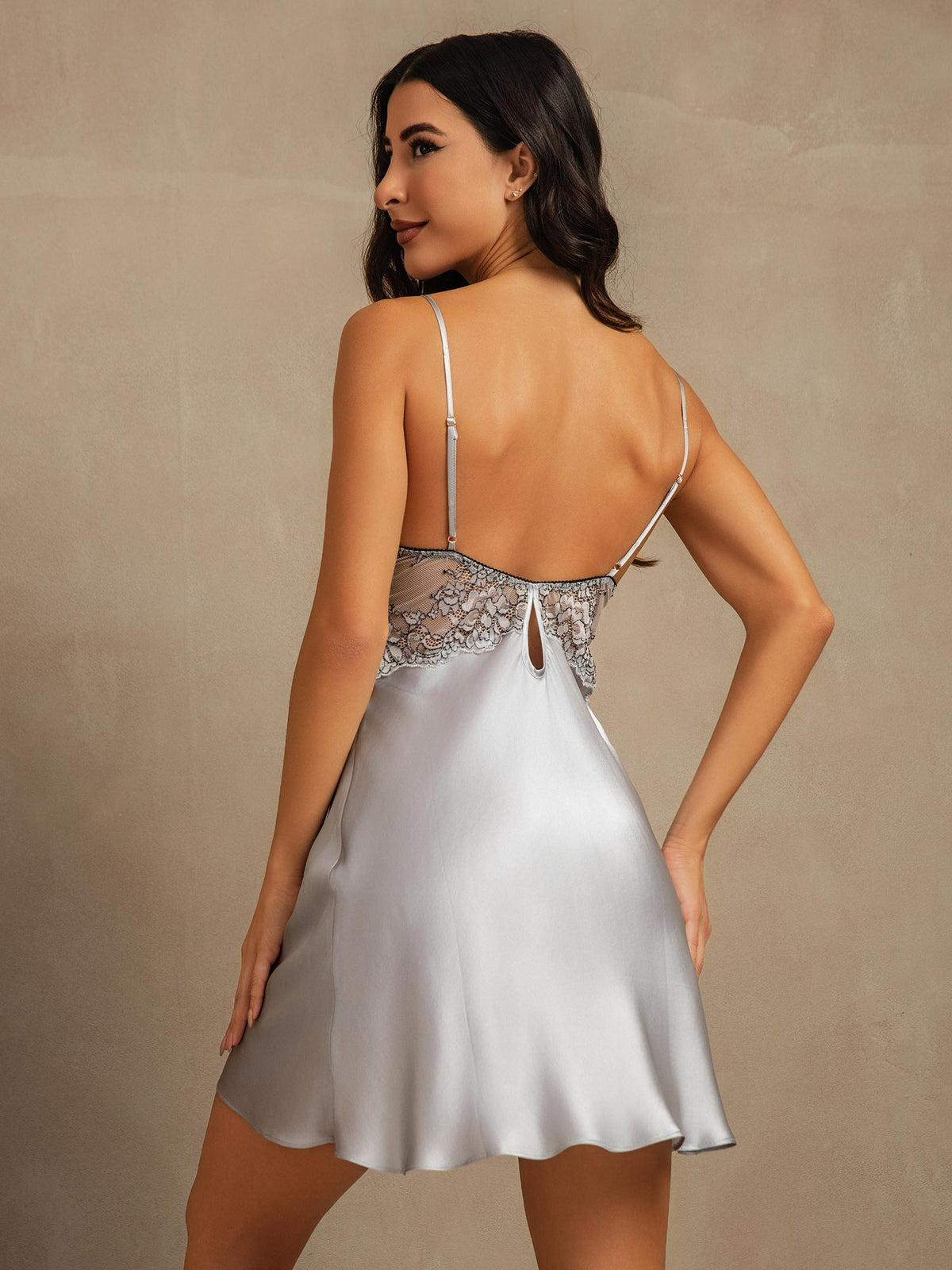 Pure Silk Spaghetti Strap V-neck Mini Nightdress with Lace Backless Design